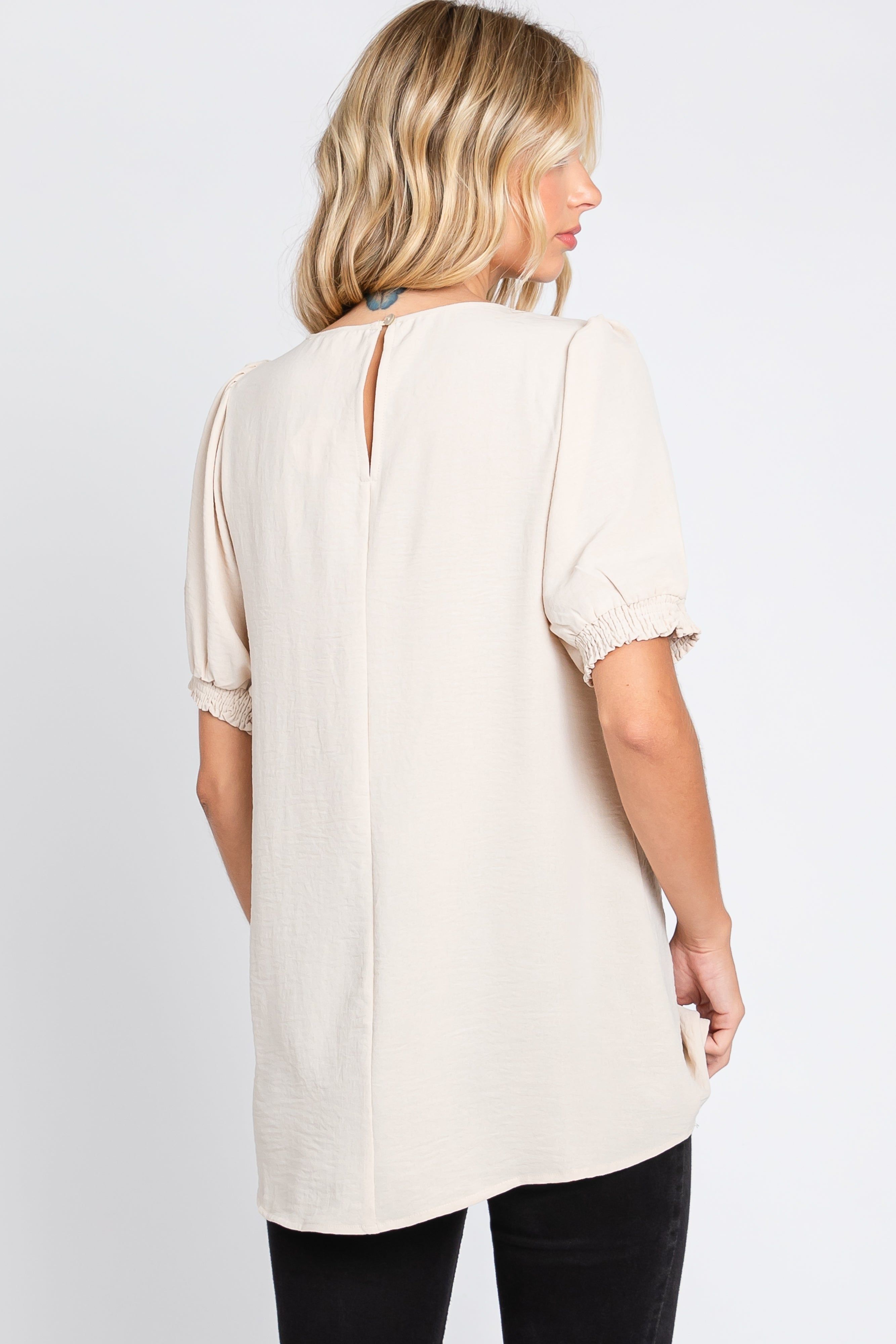 Beige Puff Sleeve Smocked Accent Top sold by Pinkblush product image thumbnail 3