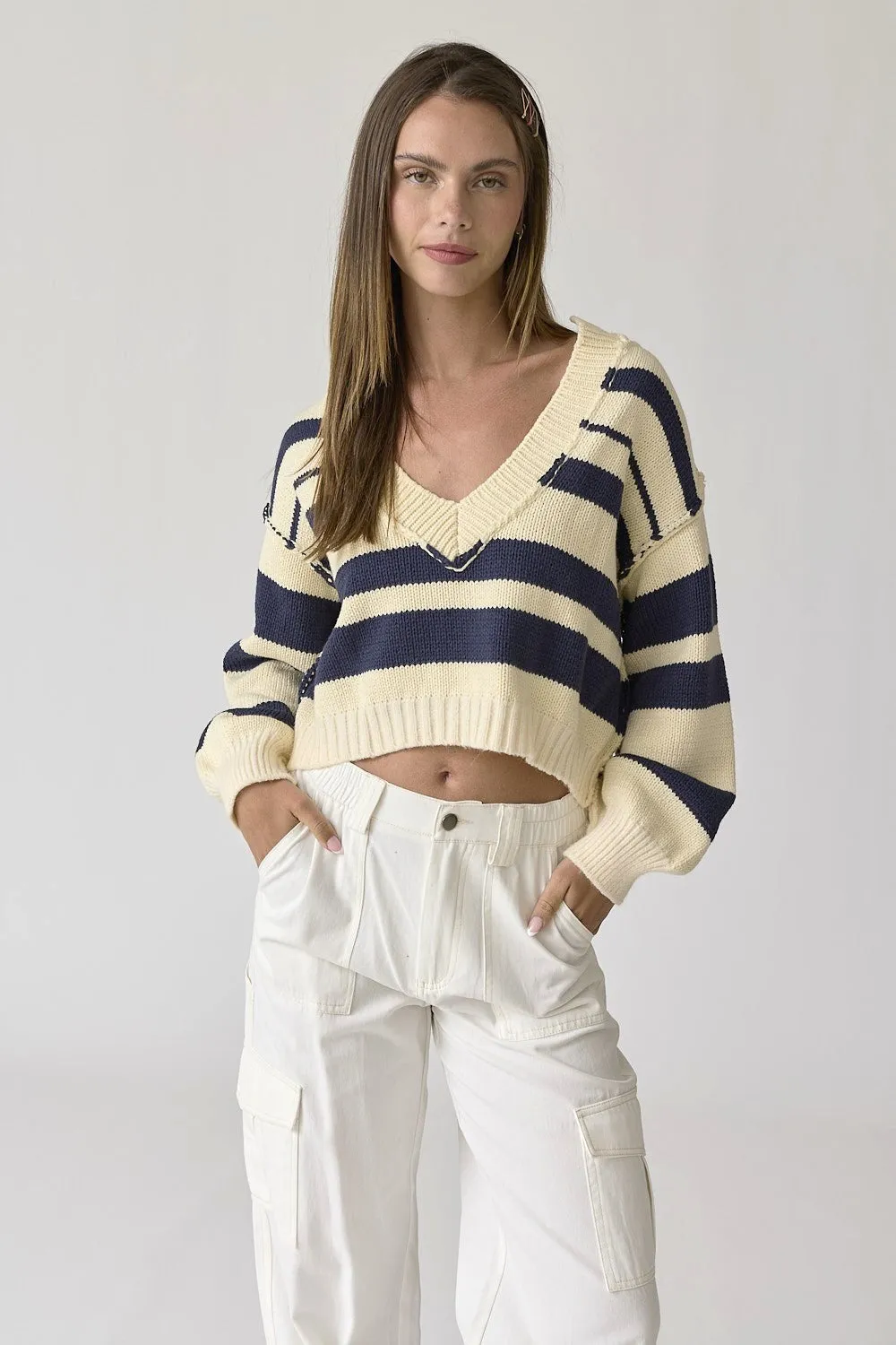 Navy V-Neck Stripe Sweater Top sold by Pinkblush product image thumbnail 2