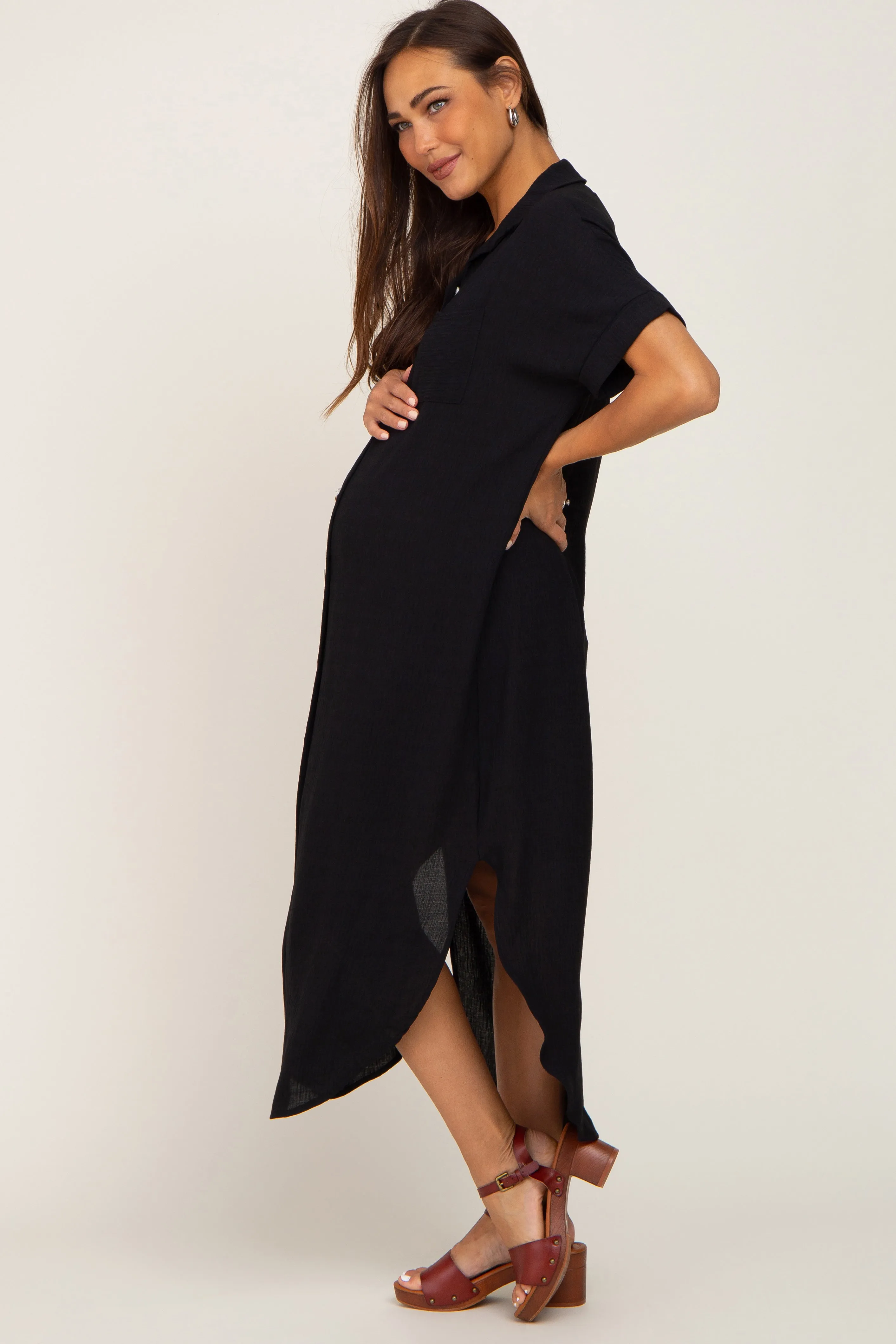 Black Button Down Hi Low Maternity Maxi Dress sold by Pinkblush product image thumbnail 2