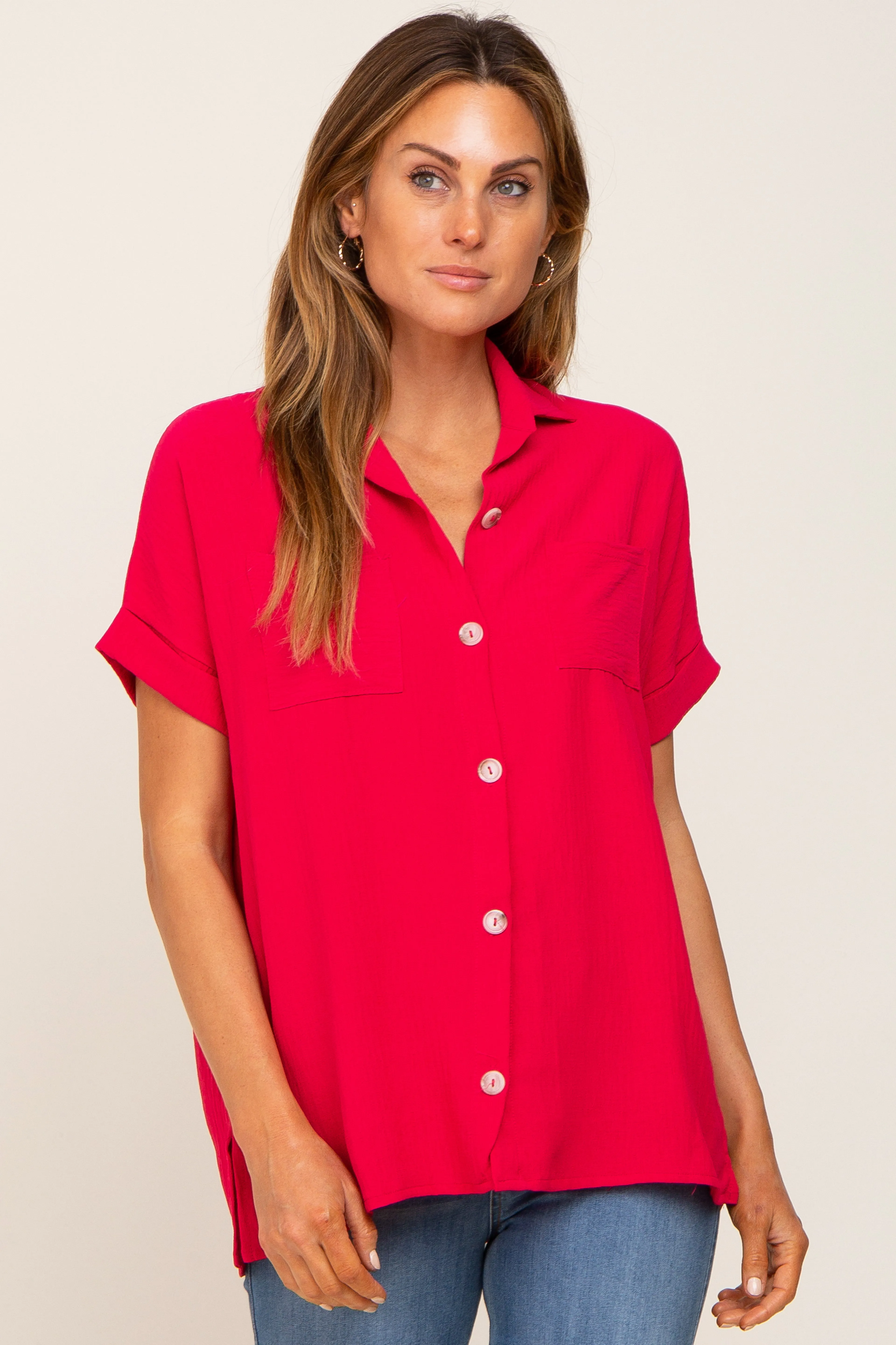 Fuchsia Collared Button-Down Short Sleeve Maternity Blouse sold by Pinkblush product image thumbnail 5