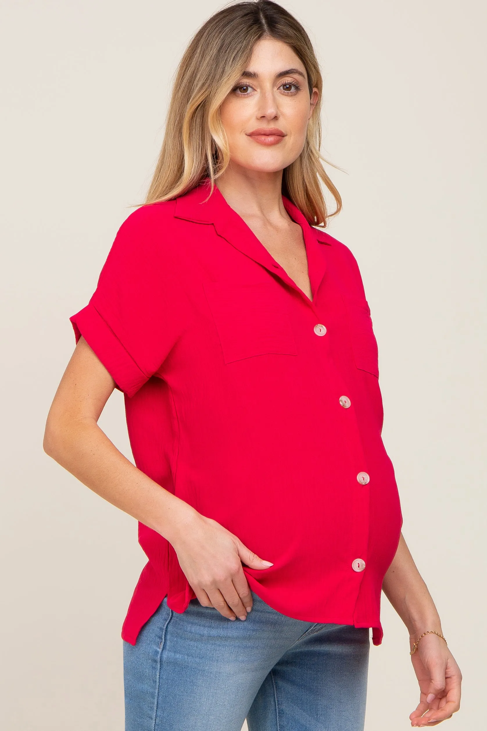 Fuchsia Collared Button-Down Short Sleeve Maternity Blouse sold by Pinkblush product image thumbnail 2