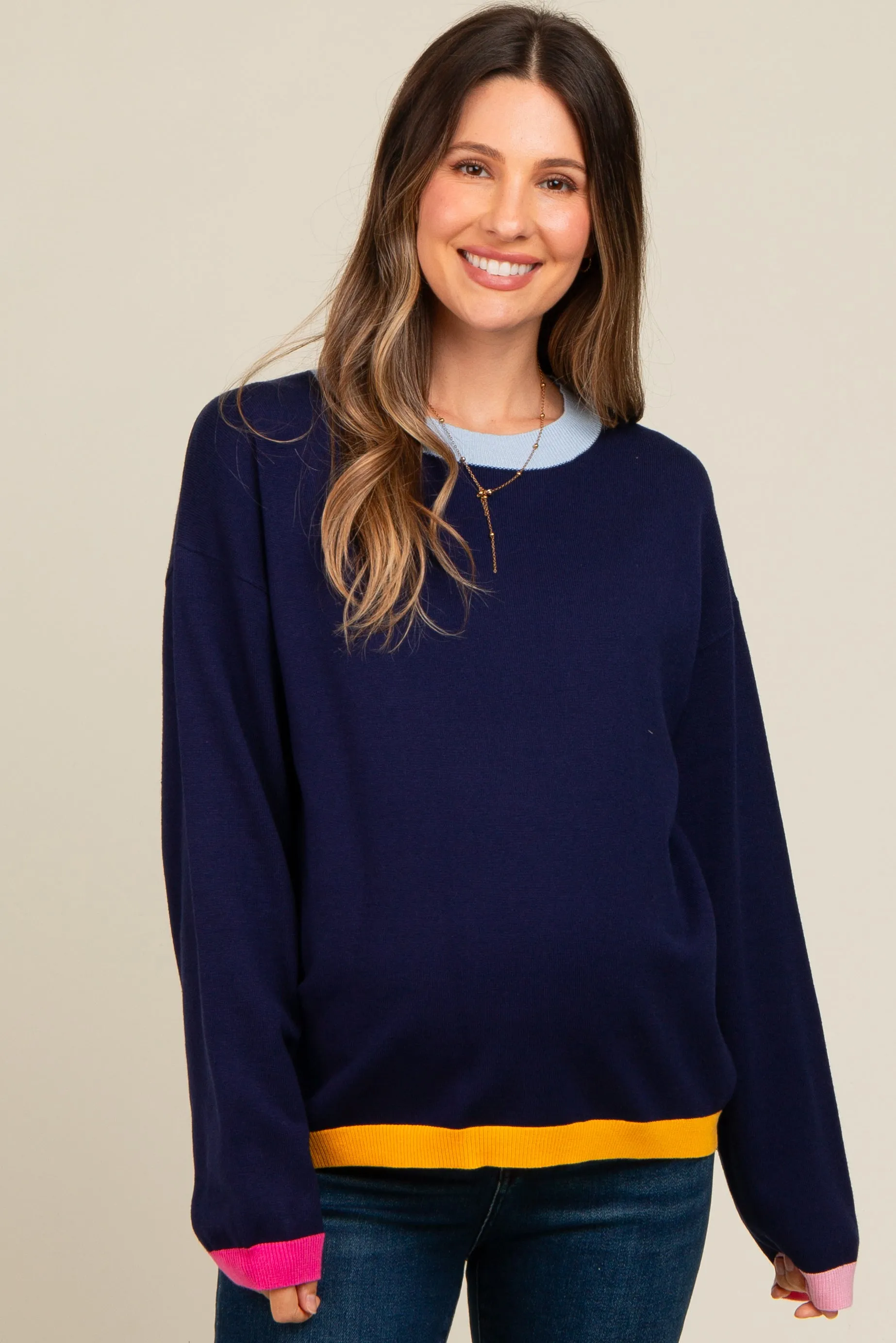 Navy Blue Colorblock Trim Maternity Sweater sold by Pinkblush