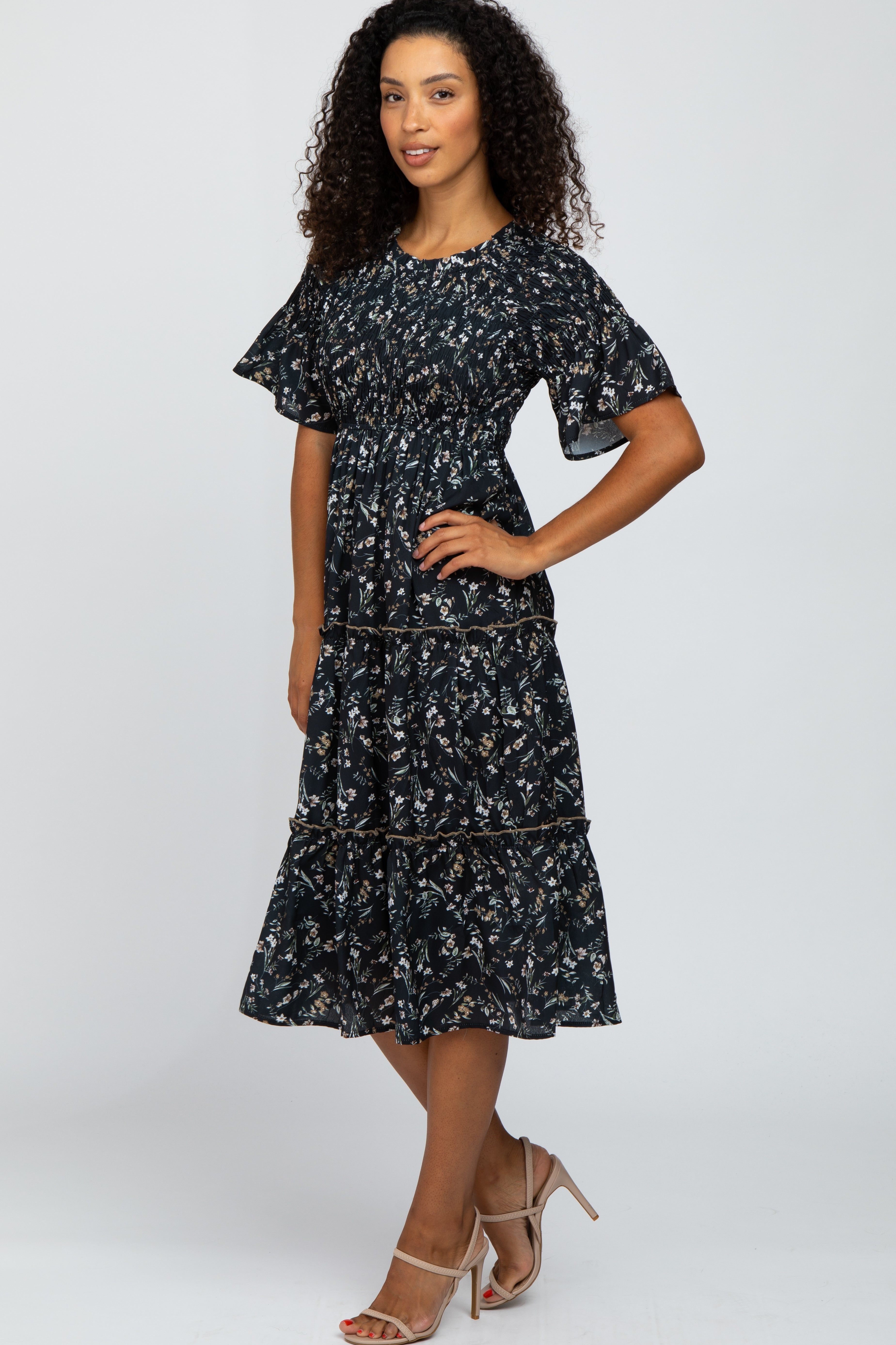 Black Floral Smocked Tiered Midi Dress sold by Pinkblush product image thumbnail 2
