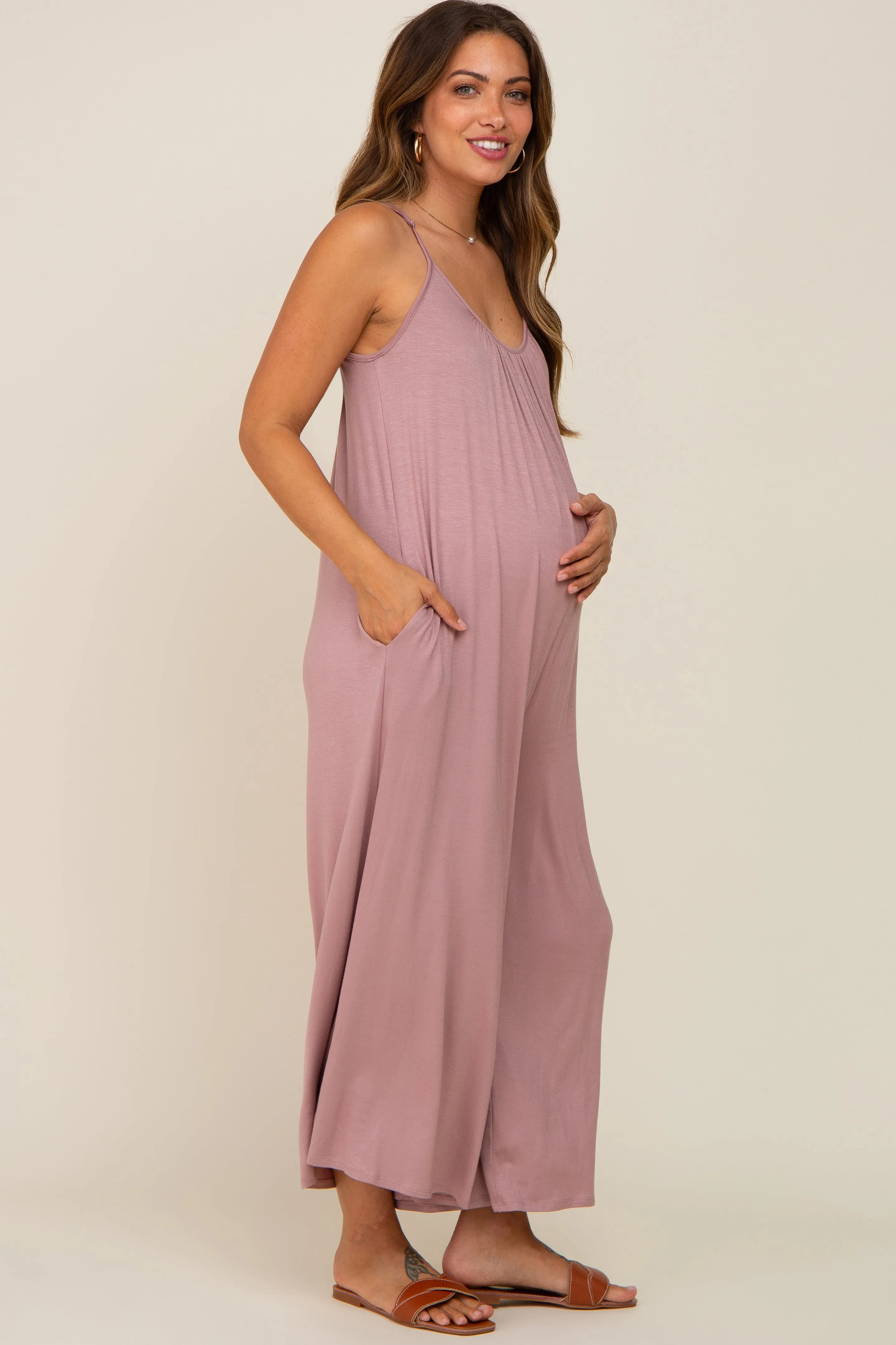 Mauve Basic Cropped Wide Leg Maternity Jumpsuit sold by Pinkblush product image thumbnail 2