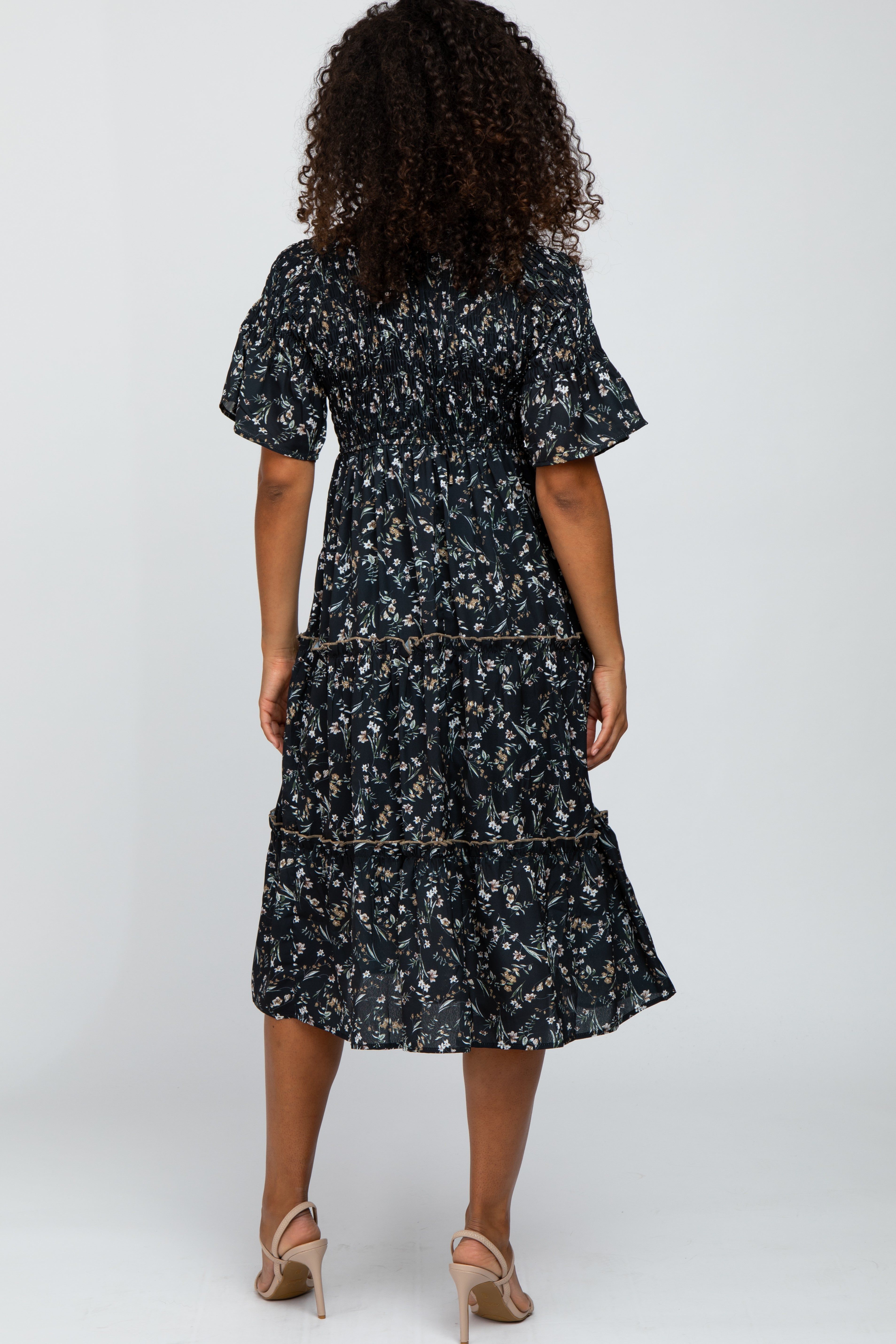 Black Floral Smocked Tiered Midi Dress sold by Pinkblush product image thumbnail 3
