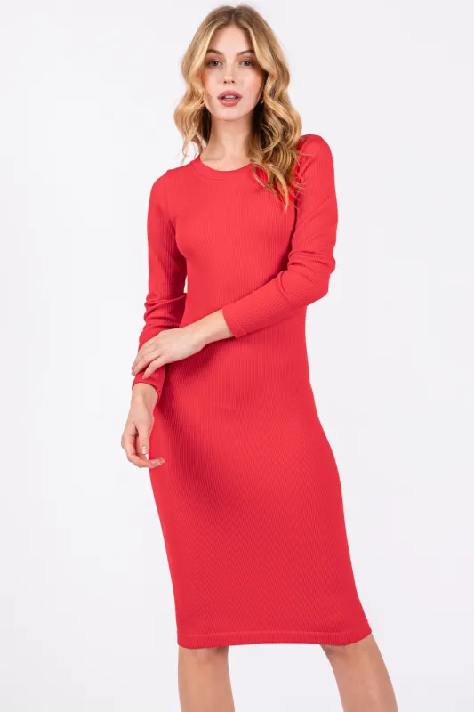 Red Ribbed Seamless Fitted Dress sold by Pinkblush