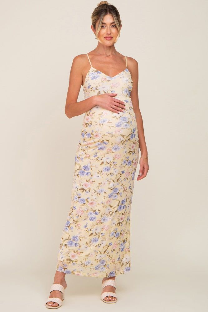Yellow Floral Mesh V-Neck Maternity Maxi Dress sold by Pinkblush
