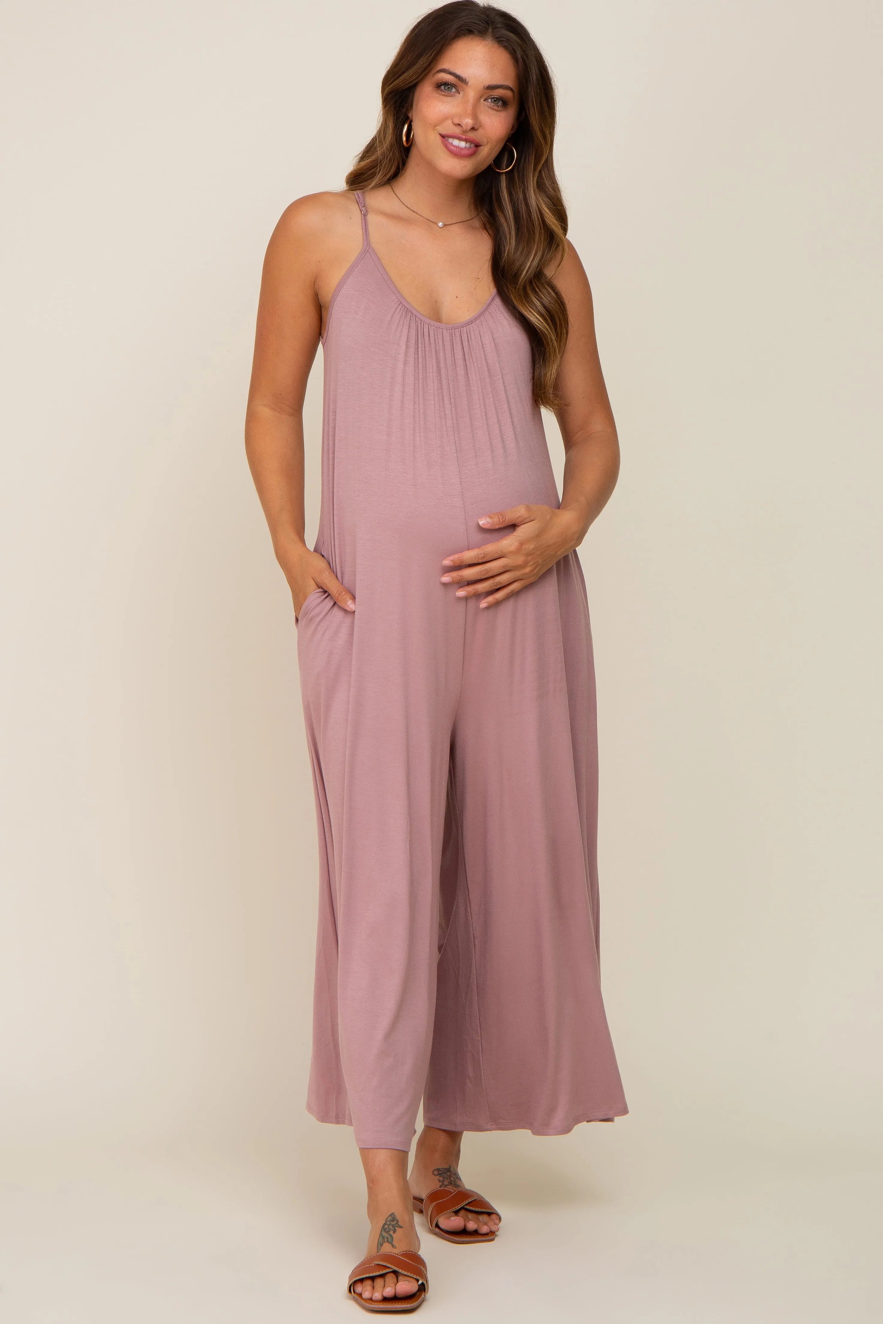 Mauve Basic Cropped Wide Leg Maternity Jumpsuit sold by Pinkblush product image thumbnail 4