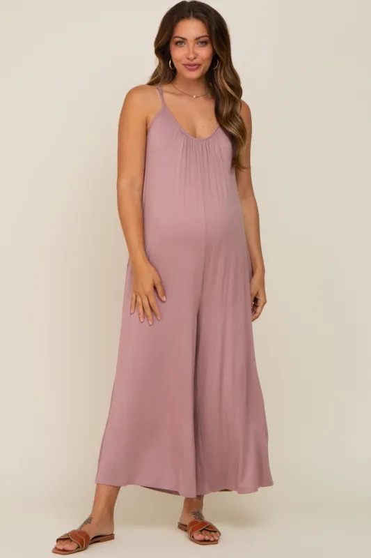 Mauve Basic Cropped Wide Leg Maternity Jumpsuit sold by Pinkblush