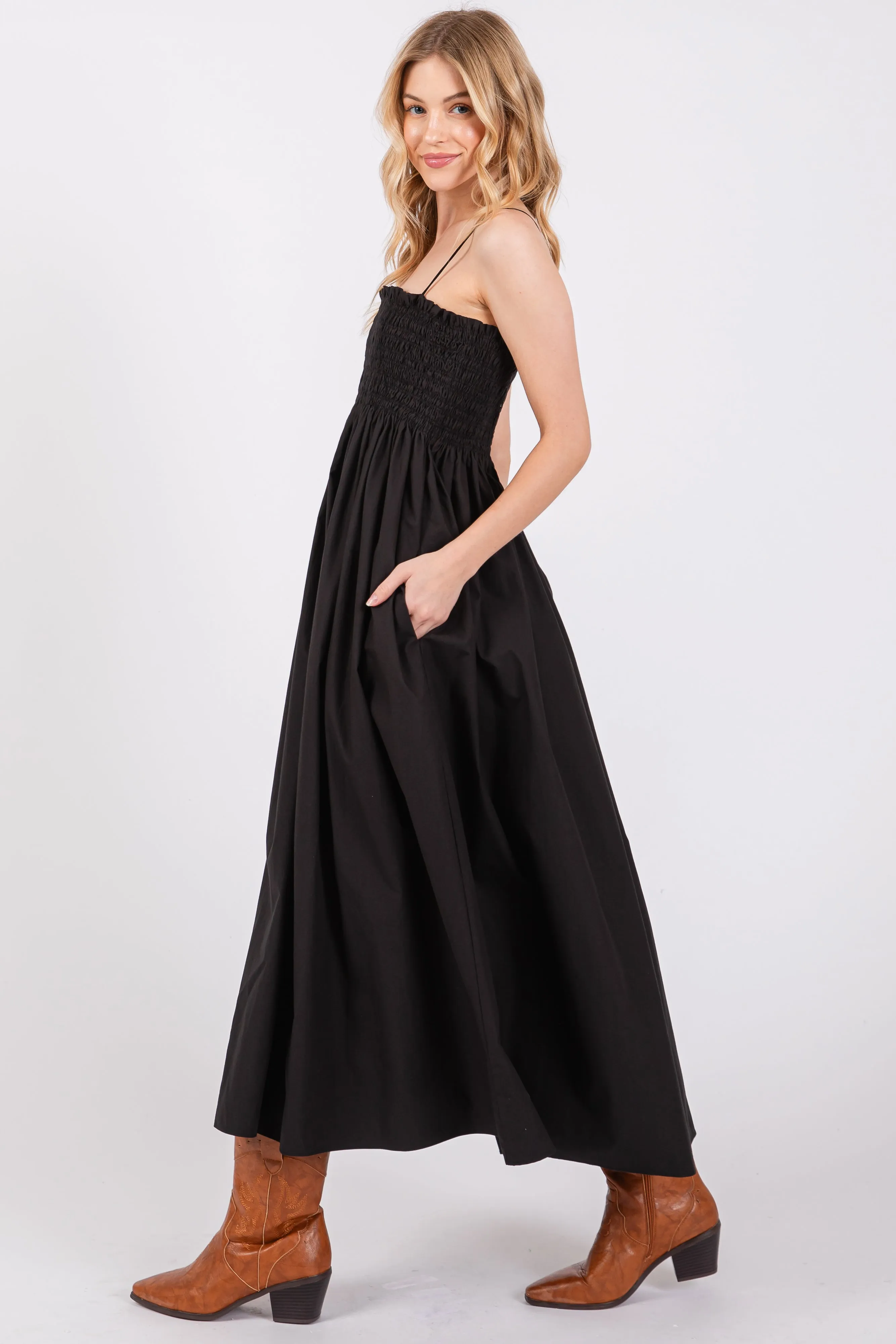 Black Smocked Pocketed Midi Dress sold by Pinkblush product image thumbnail 3