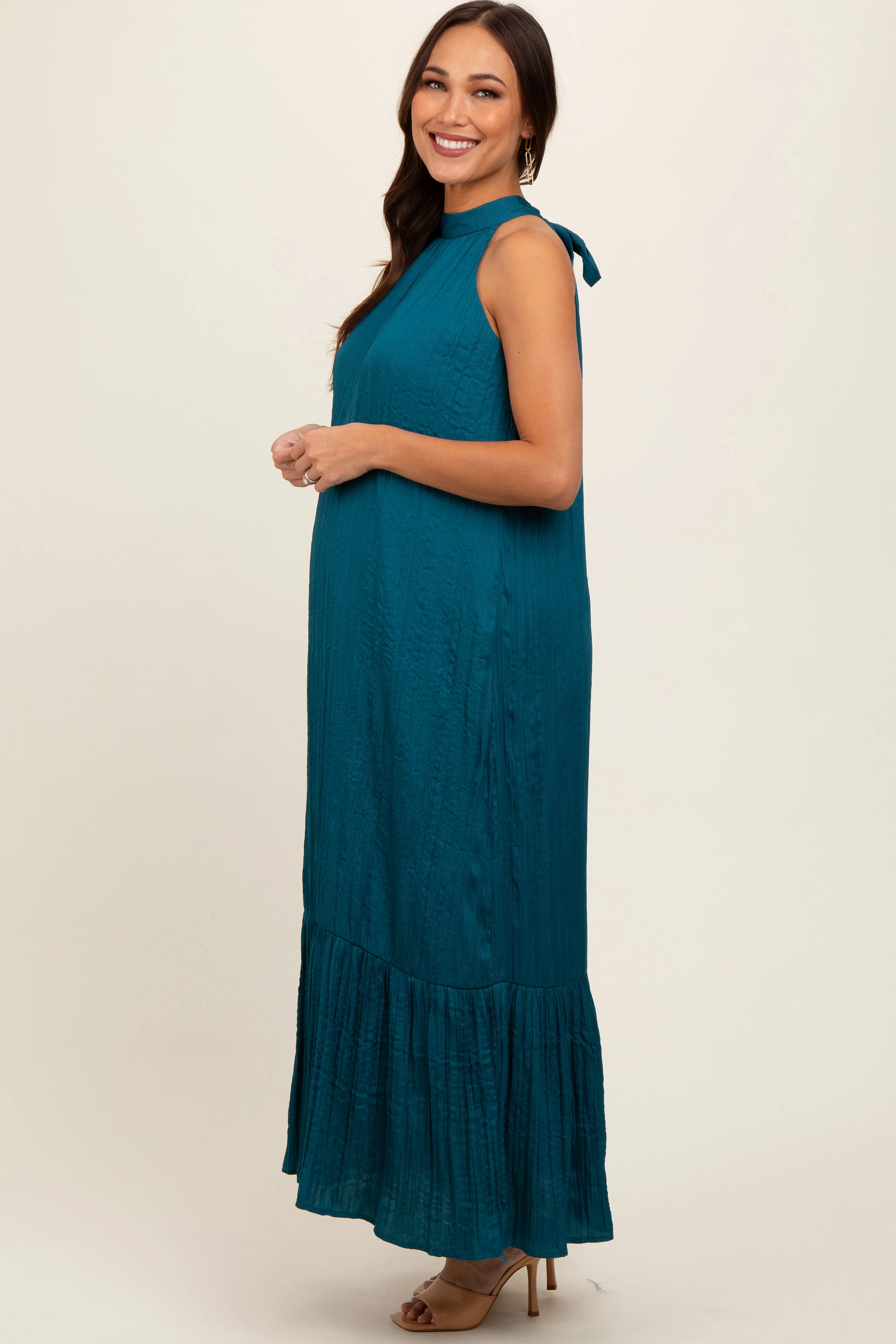 Teal Textured Halter Tie Maternity Maxi Dress sold by Pinkblush product image thumbnail 2