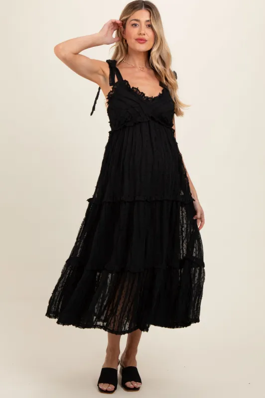 Black Textured Tie Strap Tiered Maternity Midi Dress sold by Pinkblush