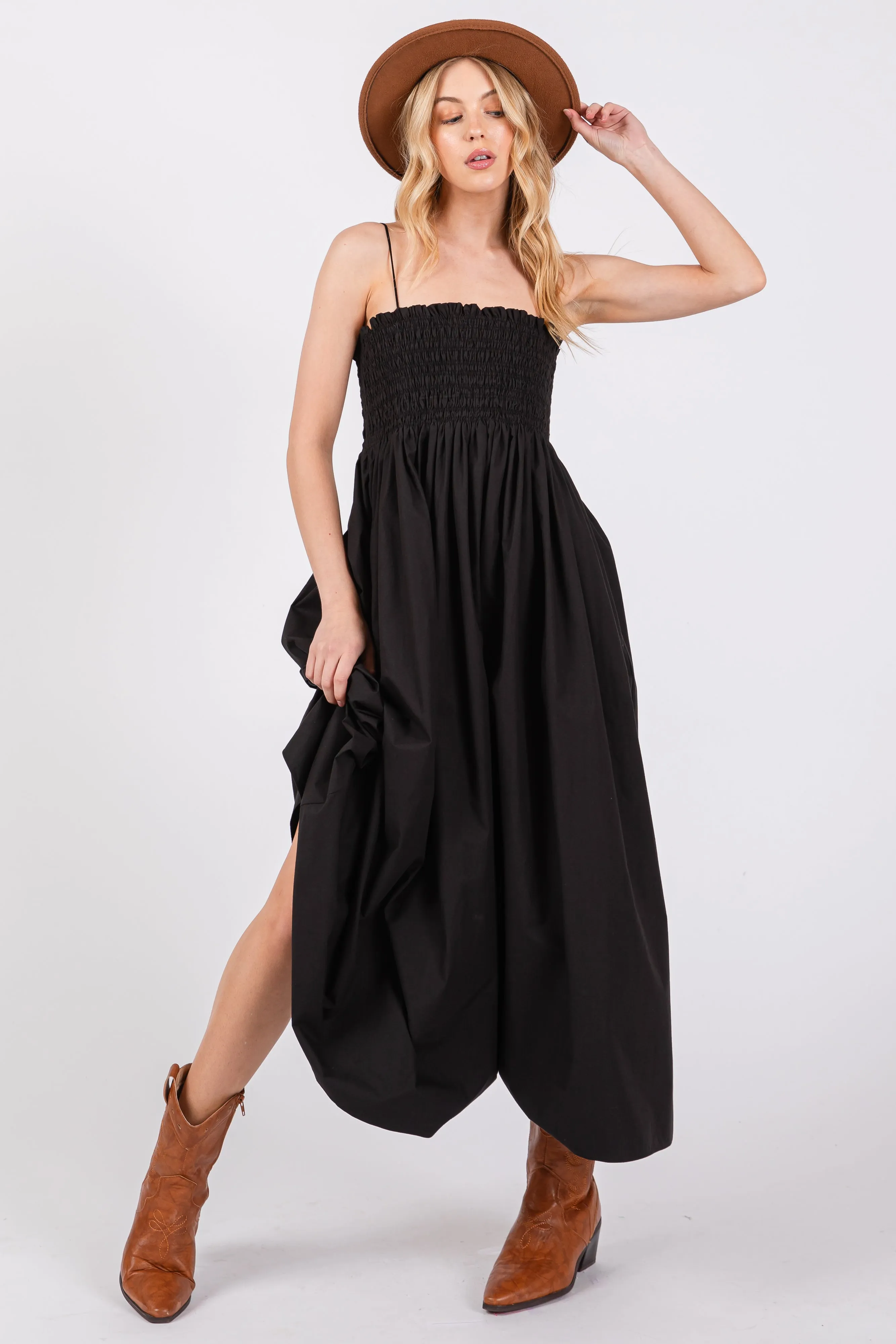 Black Smocked Pocketed Midi Dress sold by Pinkblush