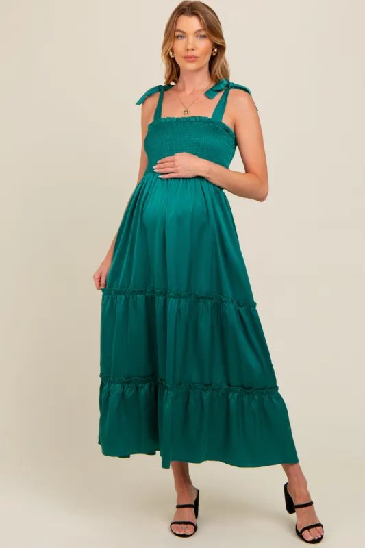 Forest Green Satin Smocked Maternity Maxi Dress sold by Pinkblush