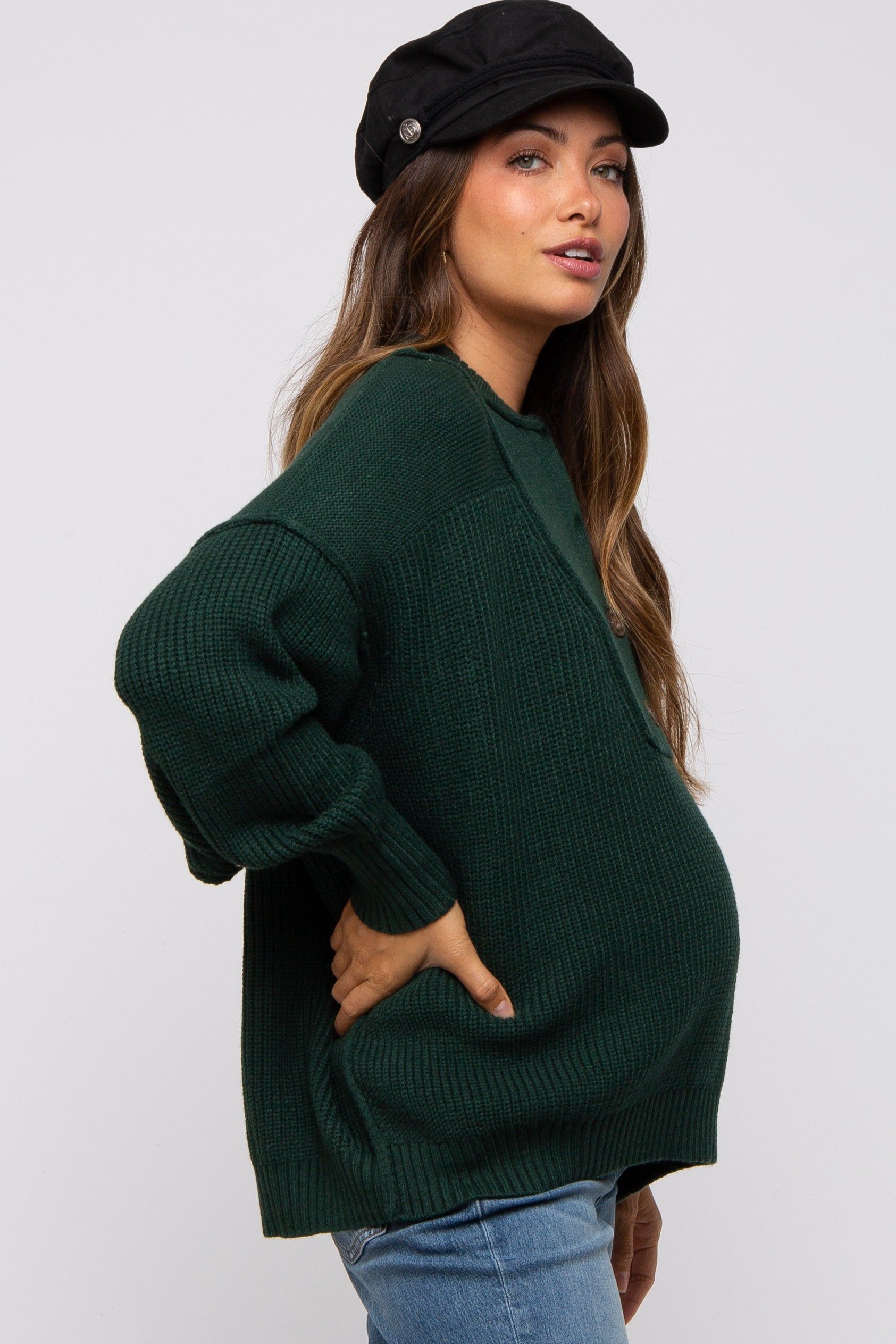 Forest Green Half Button Up Maternity Sweater sold by Pinkblush product image thumbnail 2