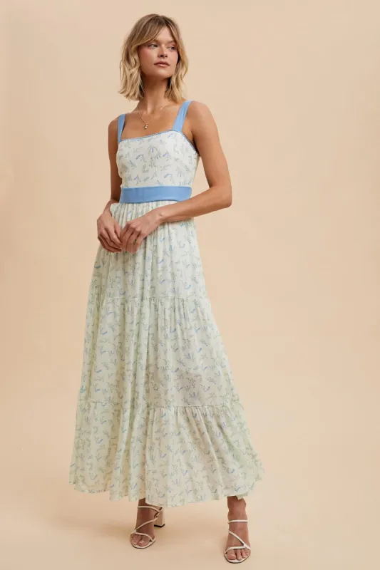 Blue Floral Contrast Sash Tie Maxi Dress sold by Pinkblush