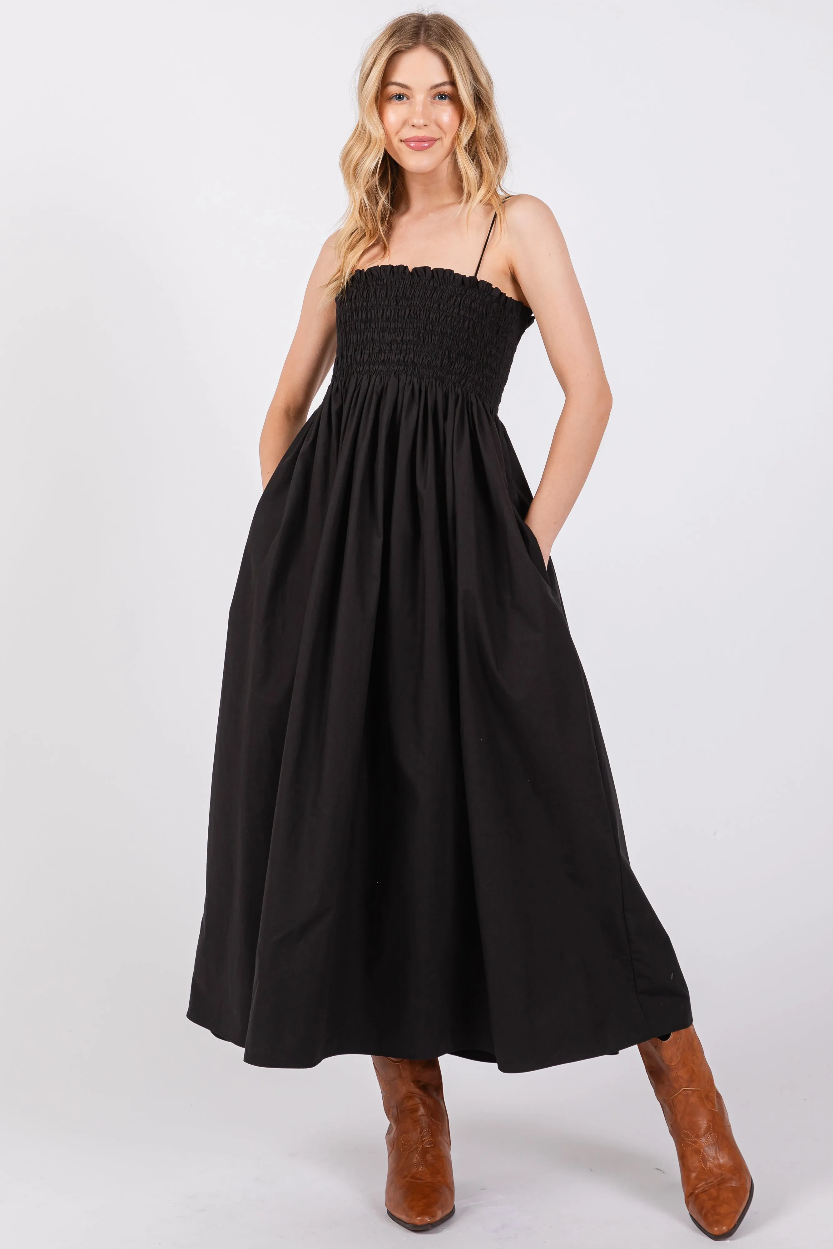 Black Smocked Pocketed Midi Dress sold by Pinkblush product image thumbnail 2