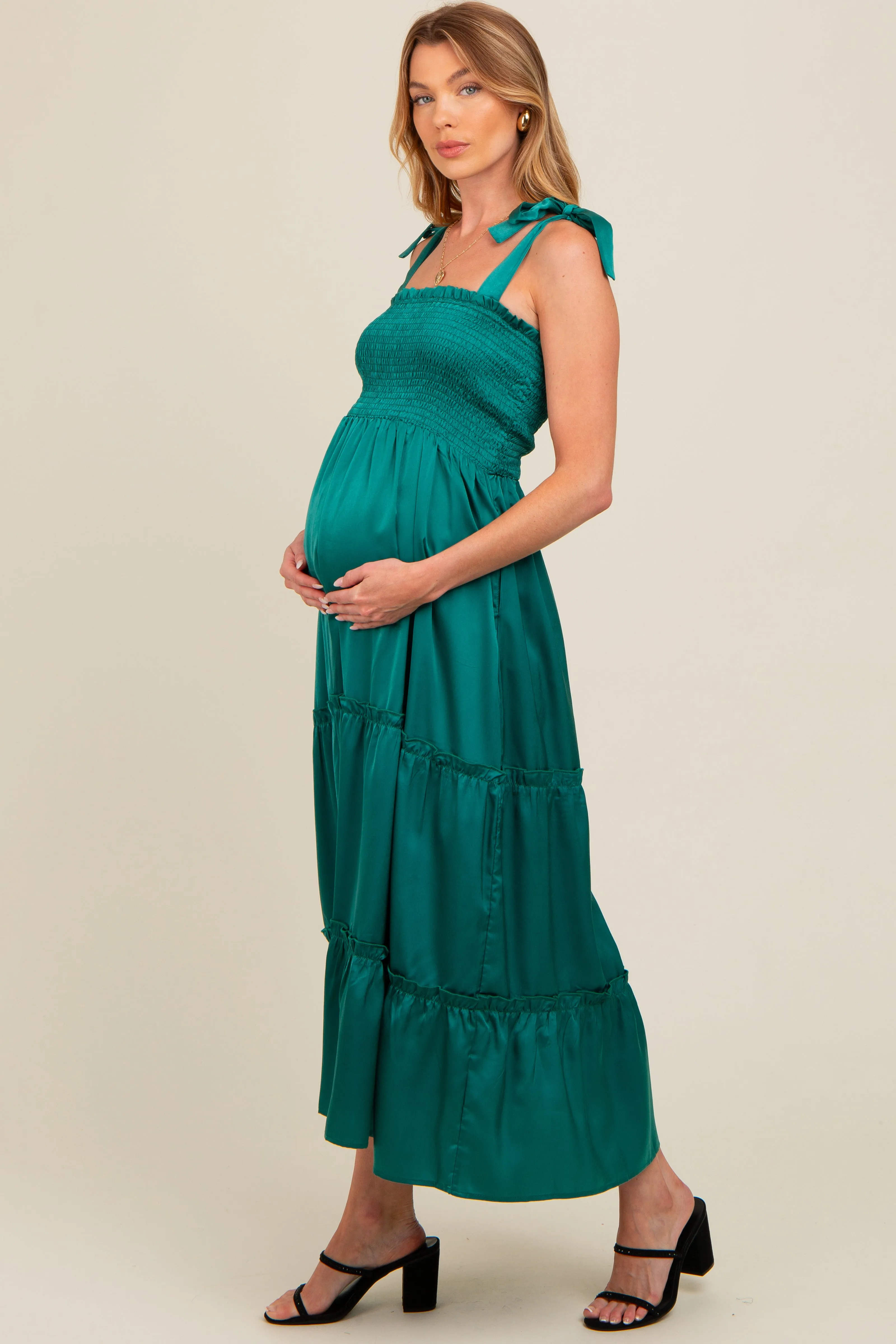 Forest Green Satin Smocked Maternity Maxi Dress sold by Pinkblush product image thumbnail 2