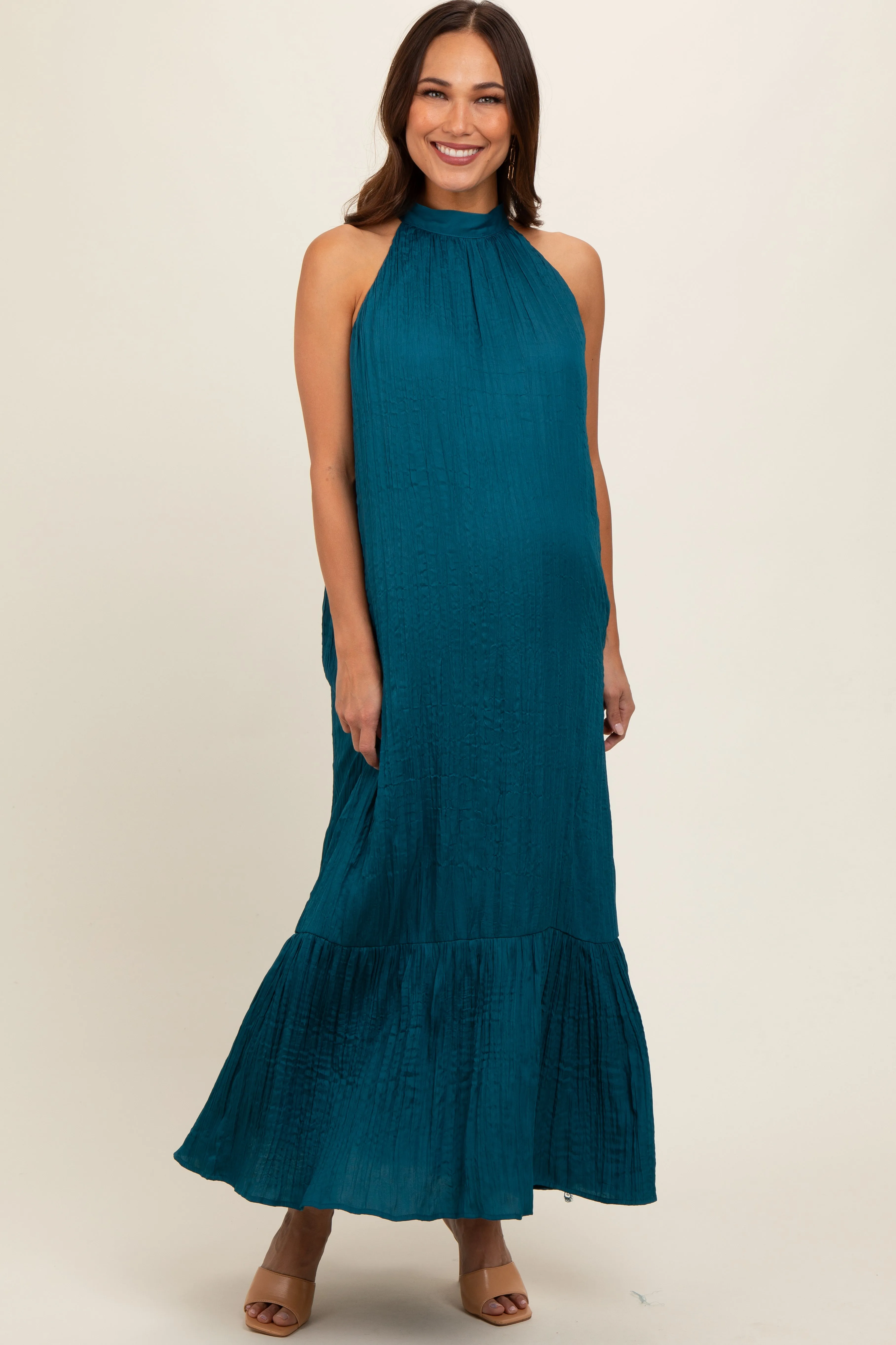 Teal Textured Halter Tie Maternity Maxi Dress sold by Pinkblush