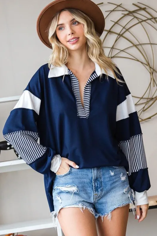 Navy Stripe Colorblock Collared Top sold by Pinkblush