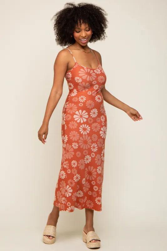 Rust Sleeveless Floral Knit Maxi Dress sold by Pinkblush