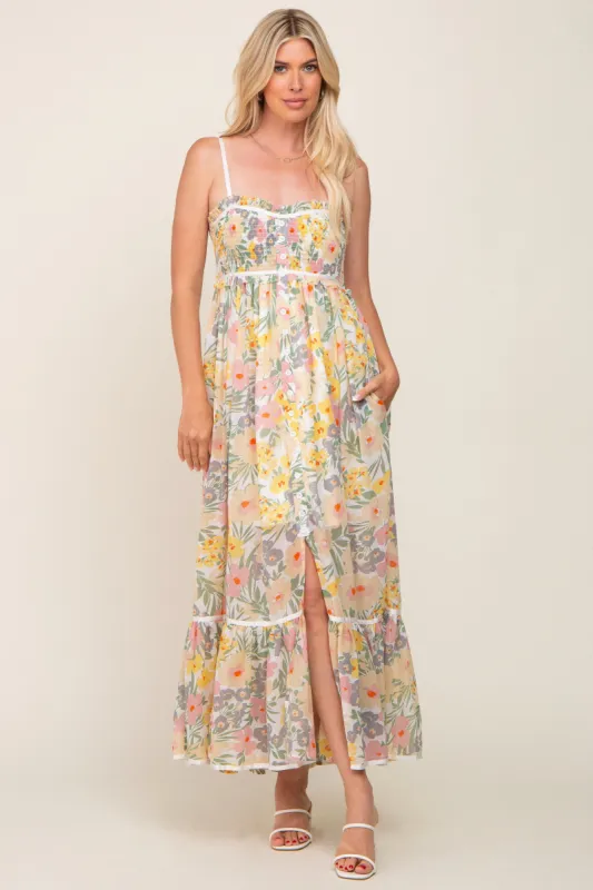 White Floral Sleeveless Button Down Maxi Dress sold by Pinkblush