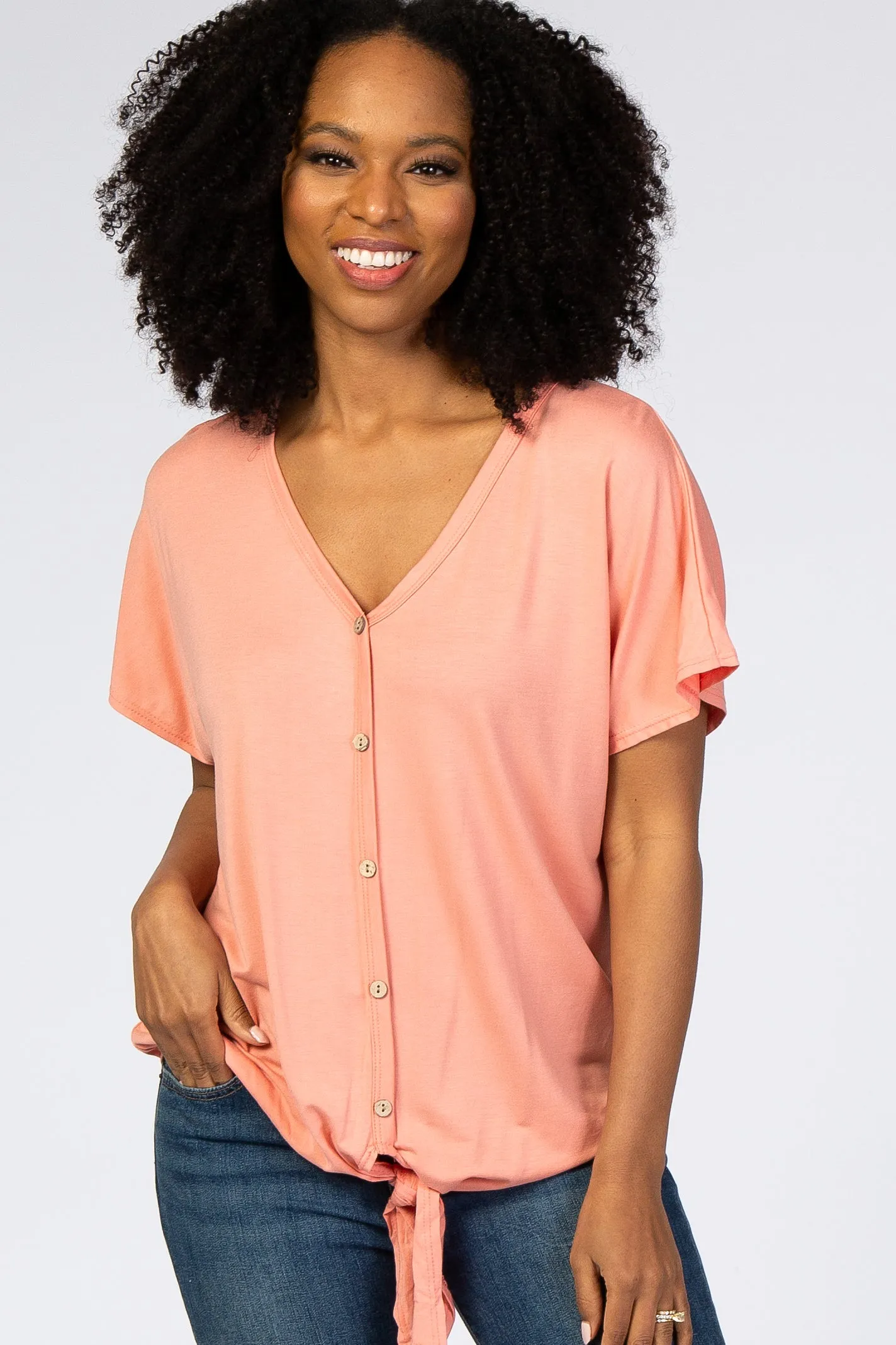 Peach Tie Front Short Sleeve Top sold by Pinkblush
