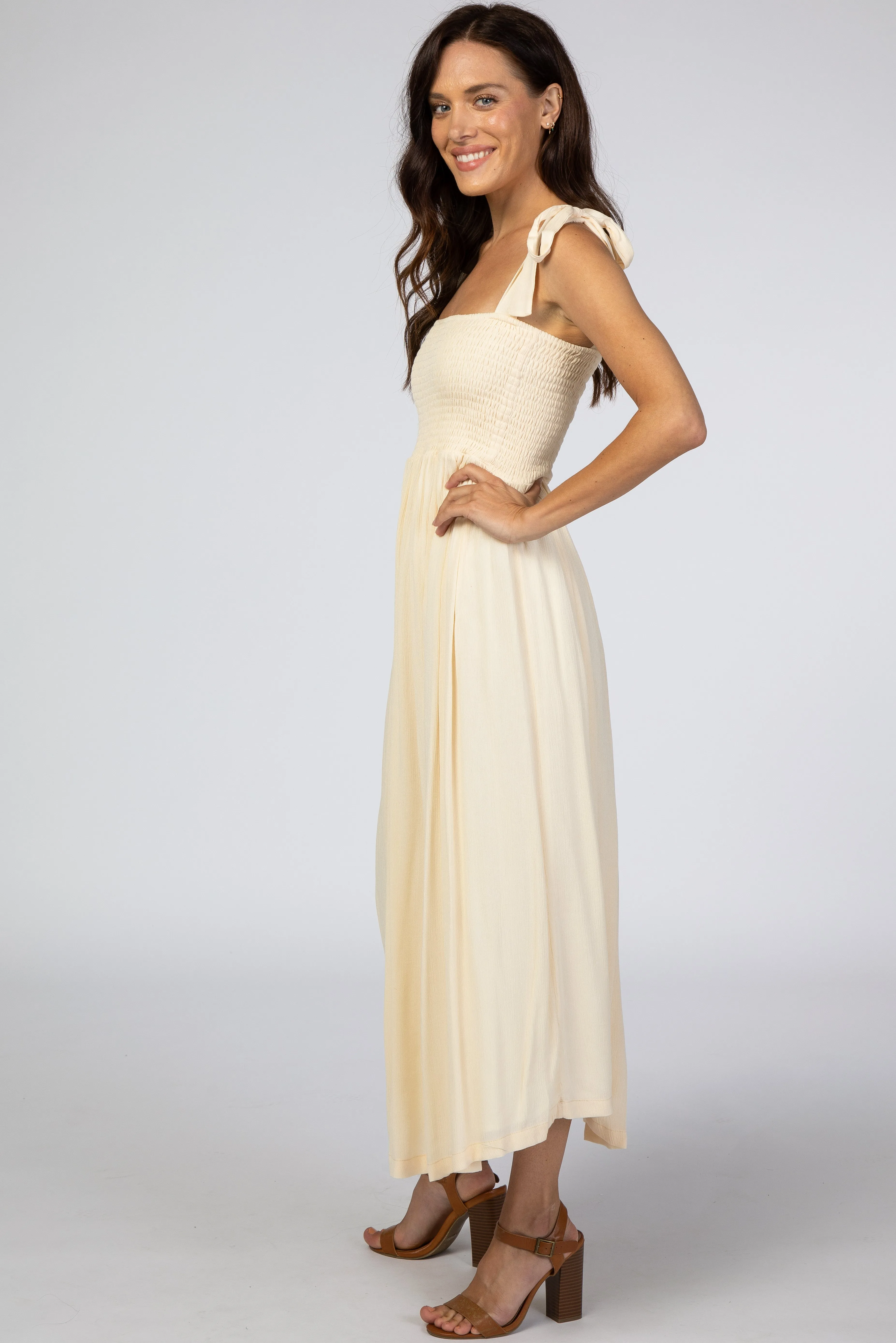 Beige Smocked Tie Strap Midi Dress sold by Pinkblush product image thumbnail 2