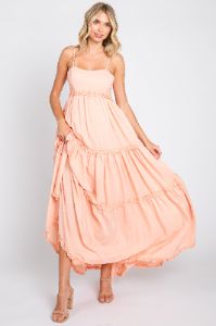 Peach Square Neck Ruffle Tiered Maxi Dress sold by Pinkblush