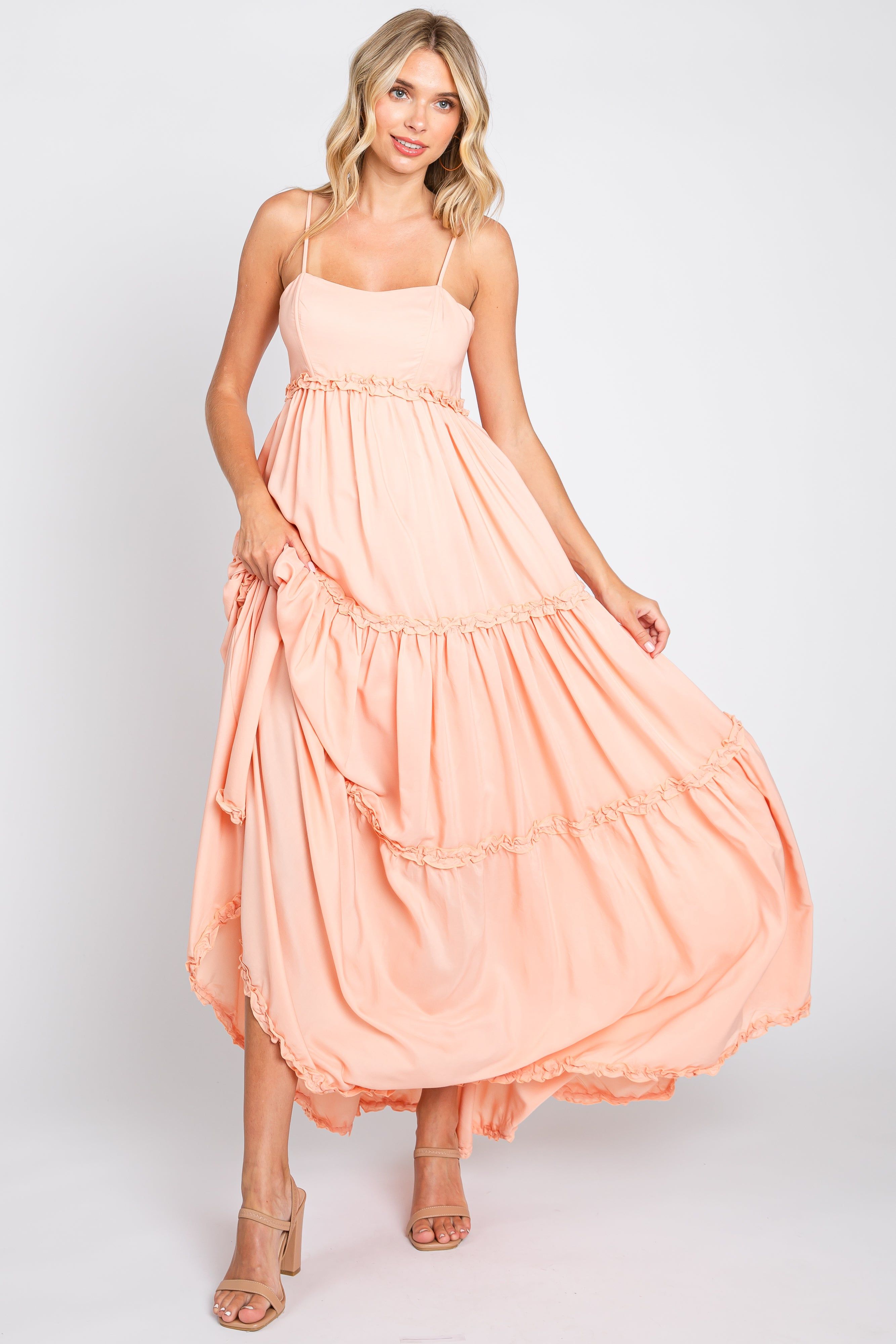 Peach Square Neck Ruffle Tiered Maxi Dress sold by Pinkblush product image thumbnail 5