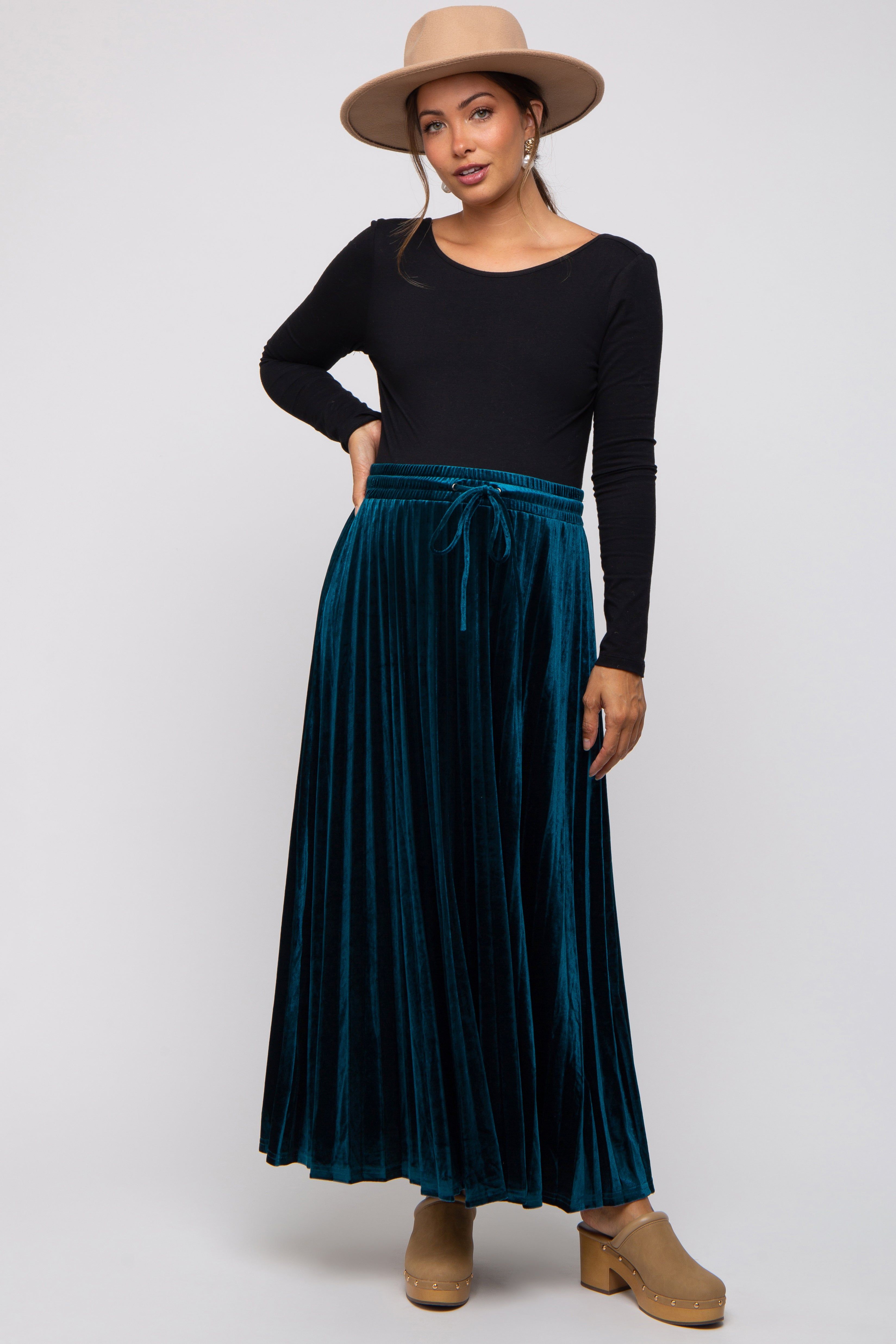 Teal Velvet Knit Drawstring Maternity Maxi Skirt sold by Pinkblush product image thumbnail 2