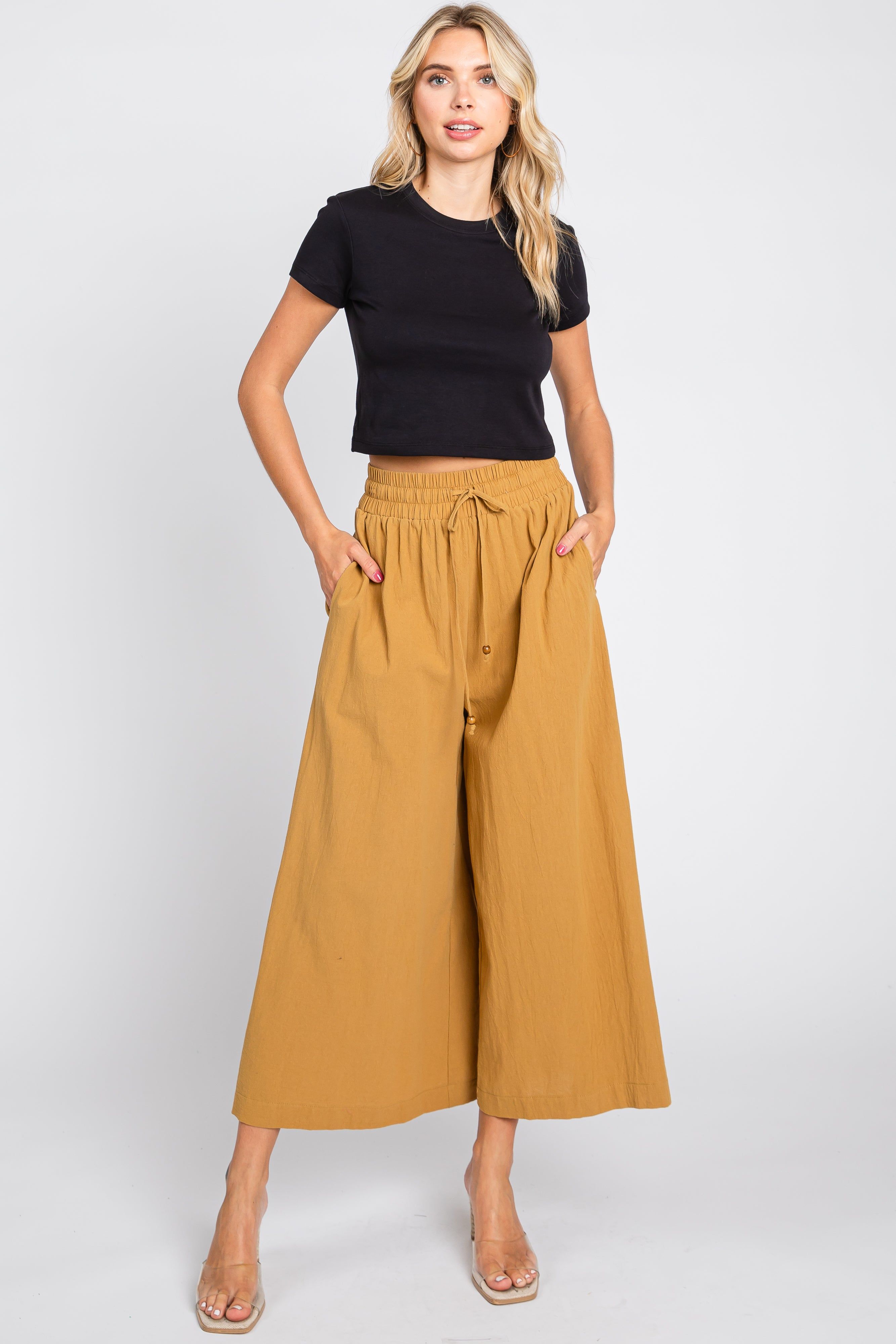 Dark Yellow Drawstring Wide Leg Pants sold by Pinkblush
