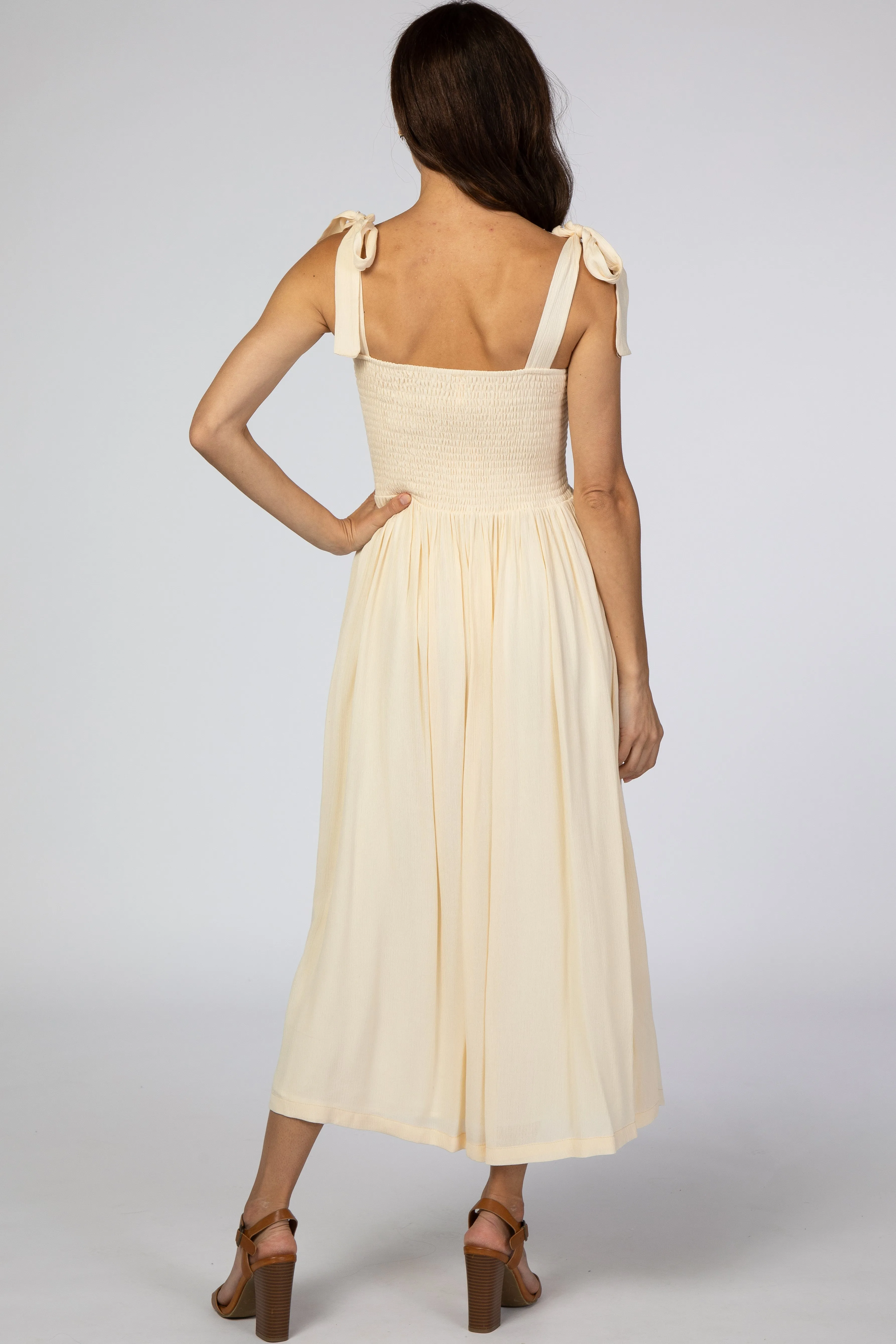 Beige Smocked Tie Strap Midi Dress sold by Pinkblush product image thumbnail 3