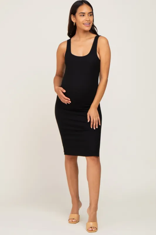Black Rib Knit Side Slit Maternity Midi Dress sold by Pinkblush