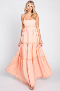 Peach Square Neck Ruffle Tiered Maxi Dress sold by Pinkblush