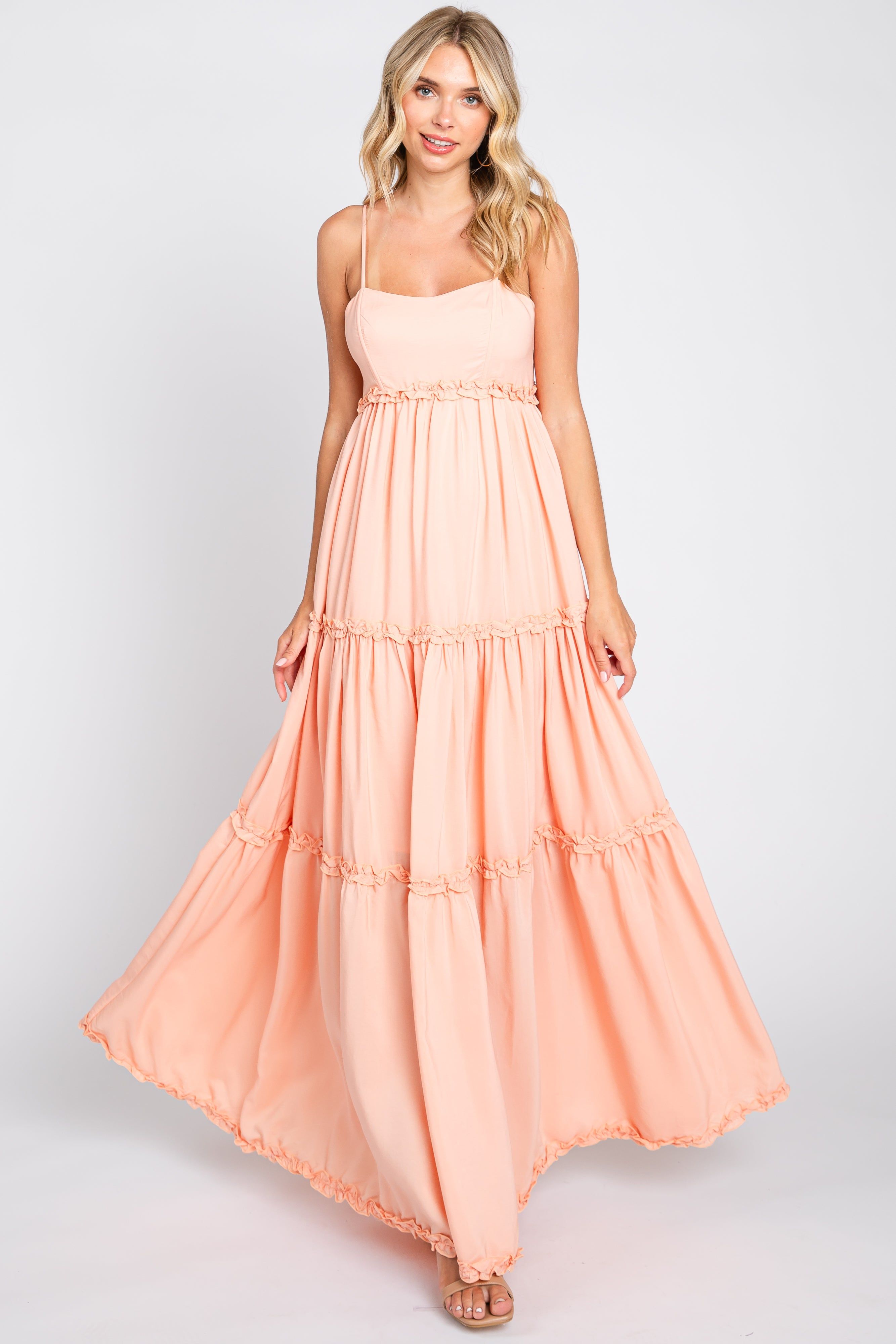 Peach Square Neck Ruffle Tiered Maxi Dress sold by Pinkblush