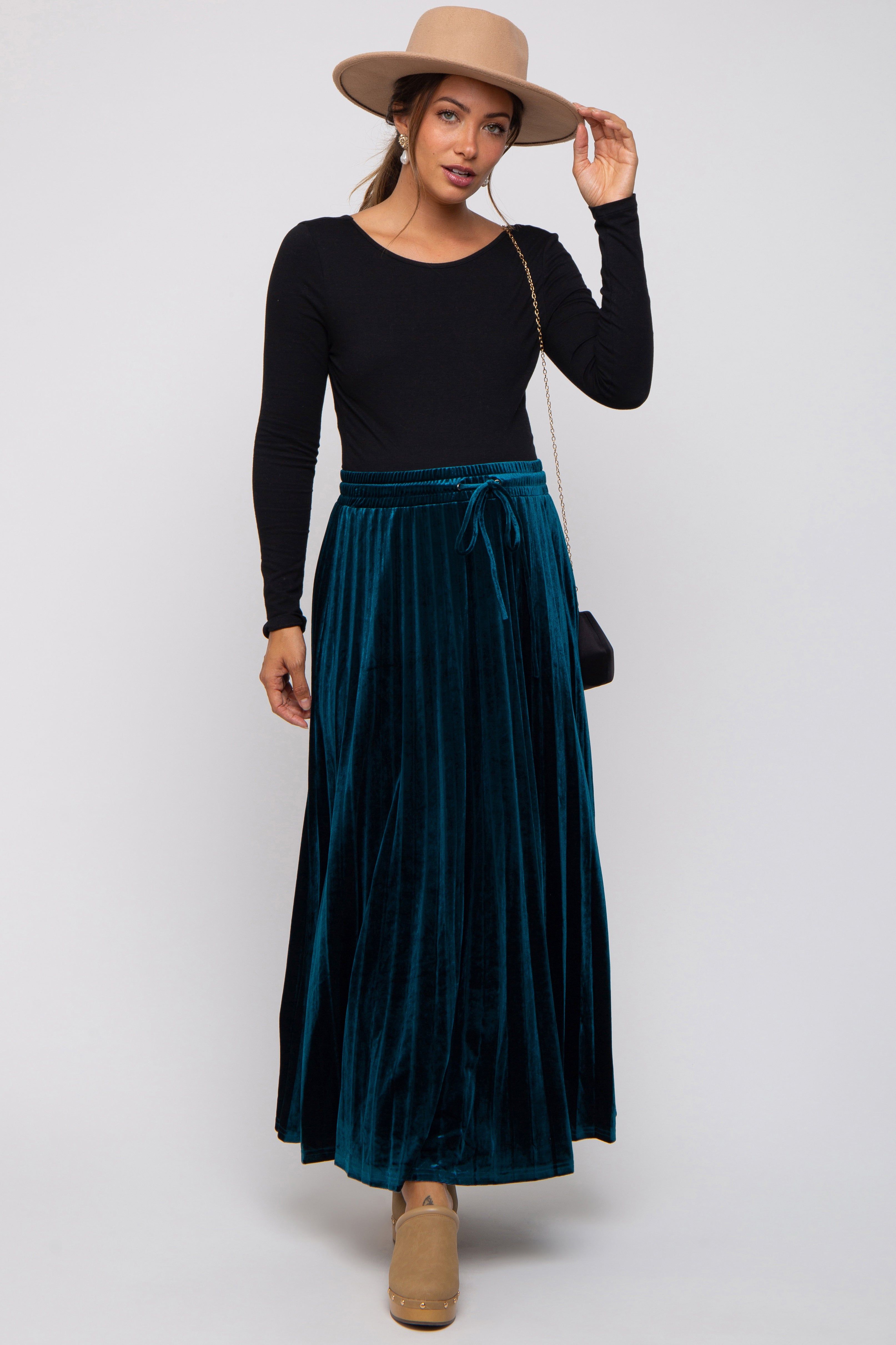 Teal Velvet Knit Drawstring Maternity Maxi Skirt sold by Pinkblush