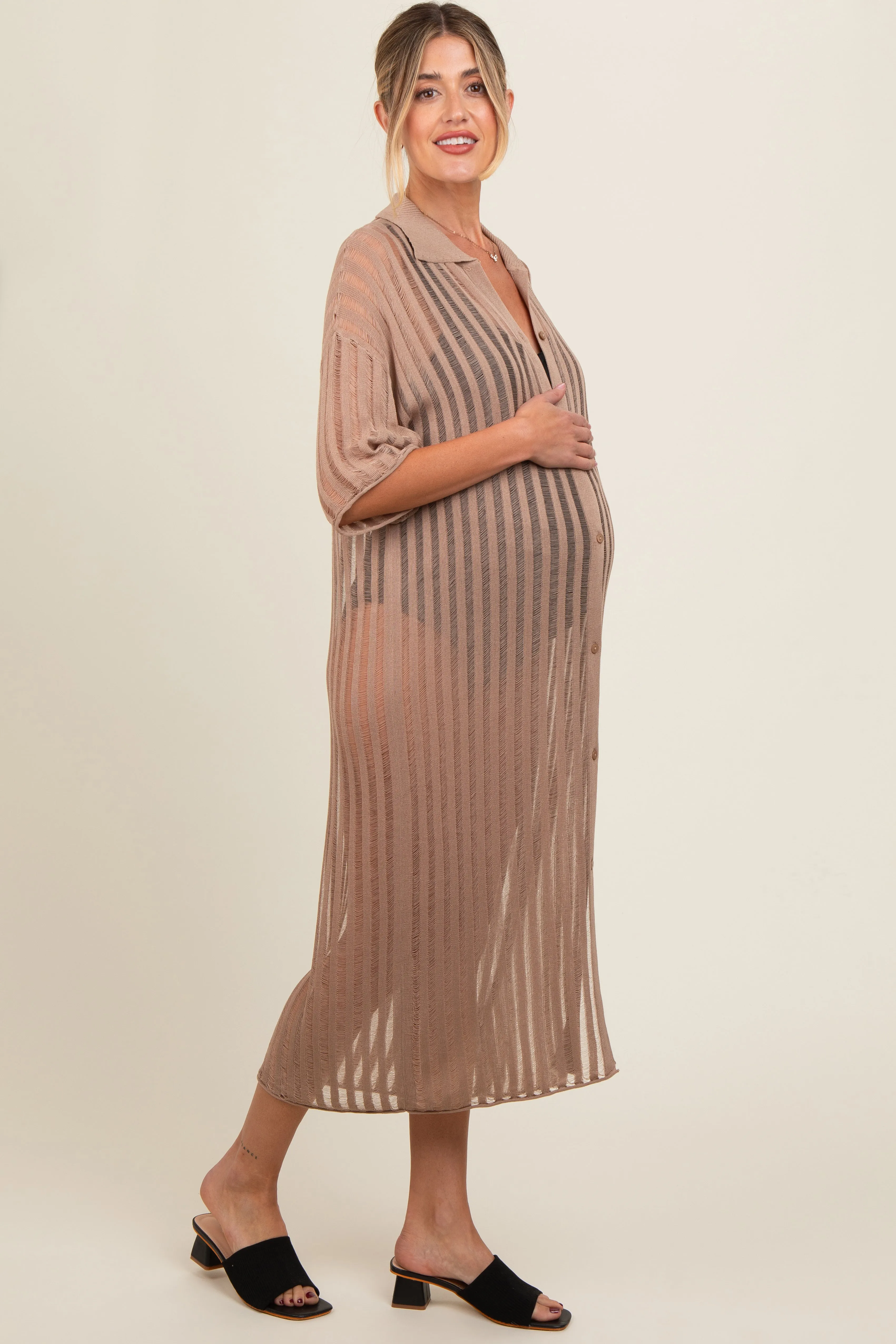 Taupe Distressed Collared Maternity Cover-Up sold by Pinkblush product image thumbnail 3