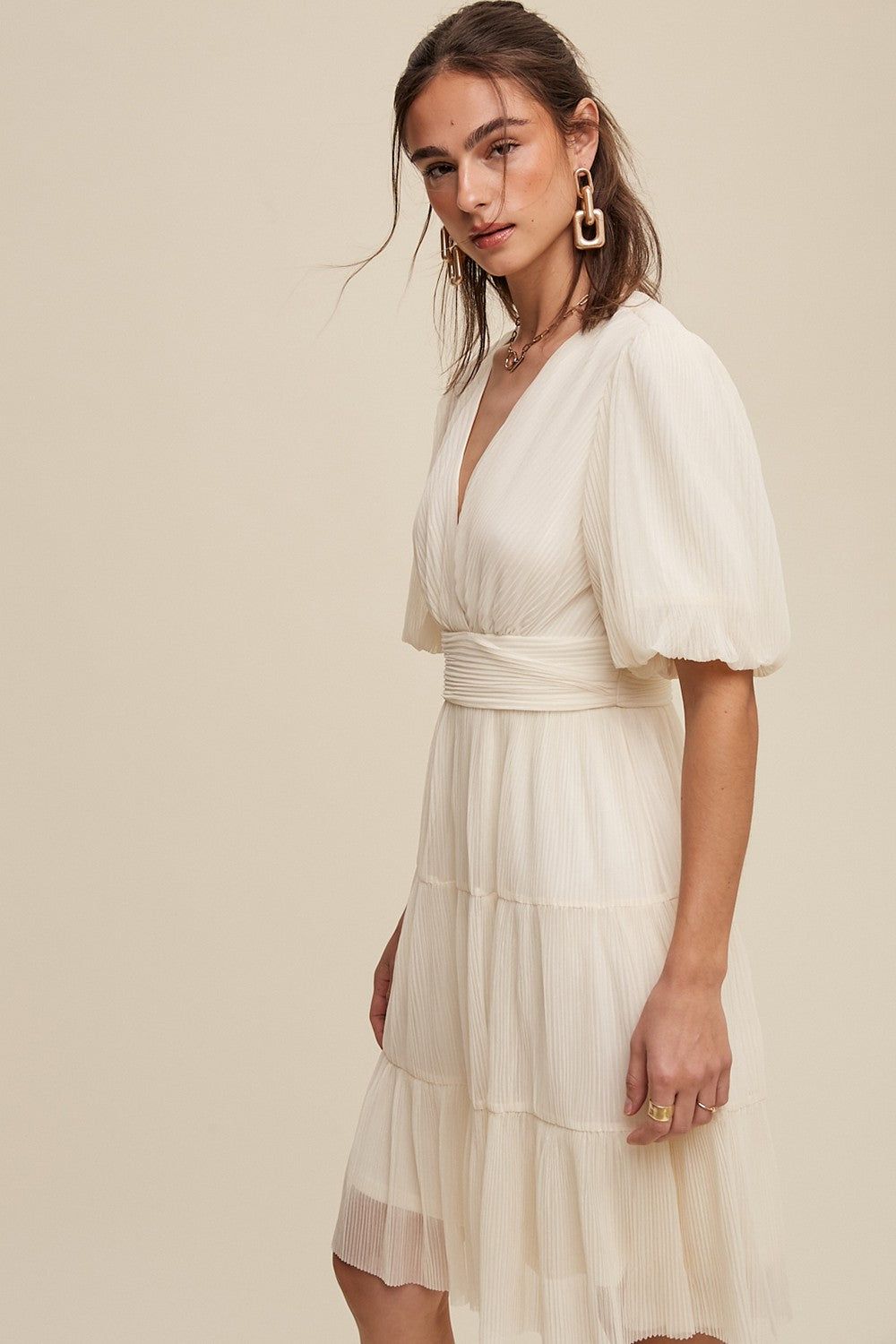 Cream V-Neck Pleated Mesh Cinched Waist Midi Dress sold by Pinkblush product image thumbnail 3