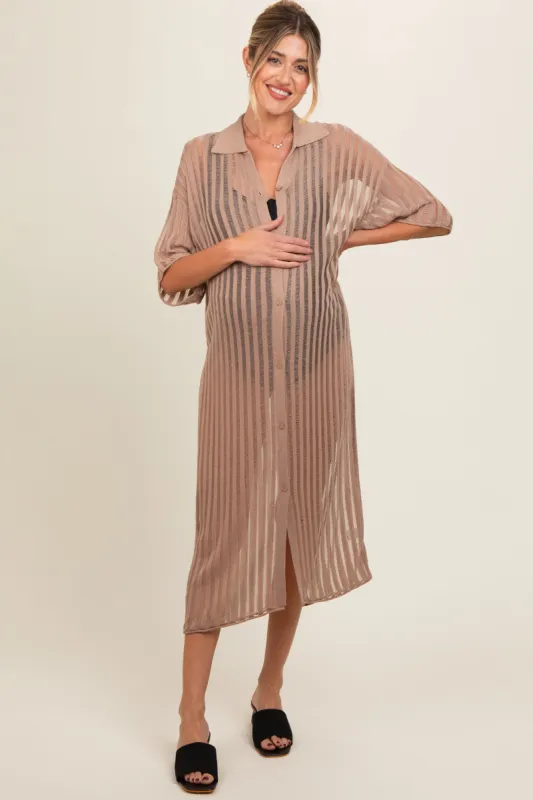 Taupe Distressed Collared Maternity Cover-Up sold by Pinkblush