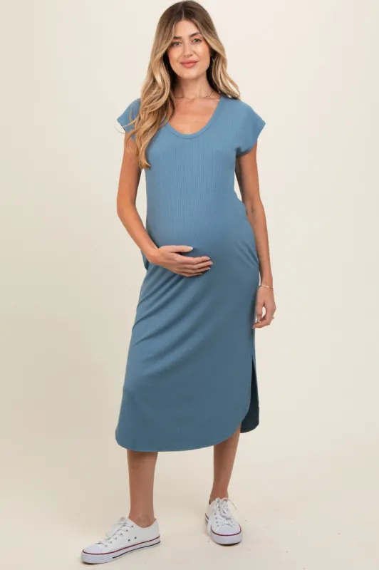 Blue Rib Knit Scoop Neck Maternity Midi Dress sold by Pinkblush