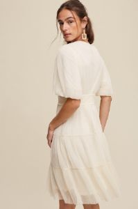 Cream V-Neck Pleated Mesh Cinched Waist Midi Dress sold by Pinkblush