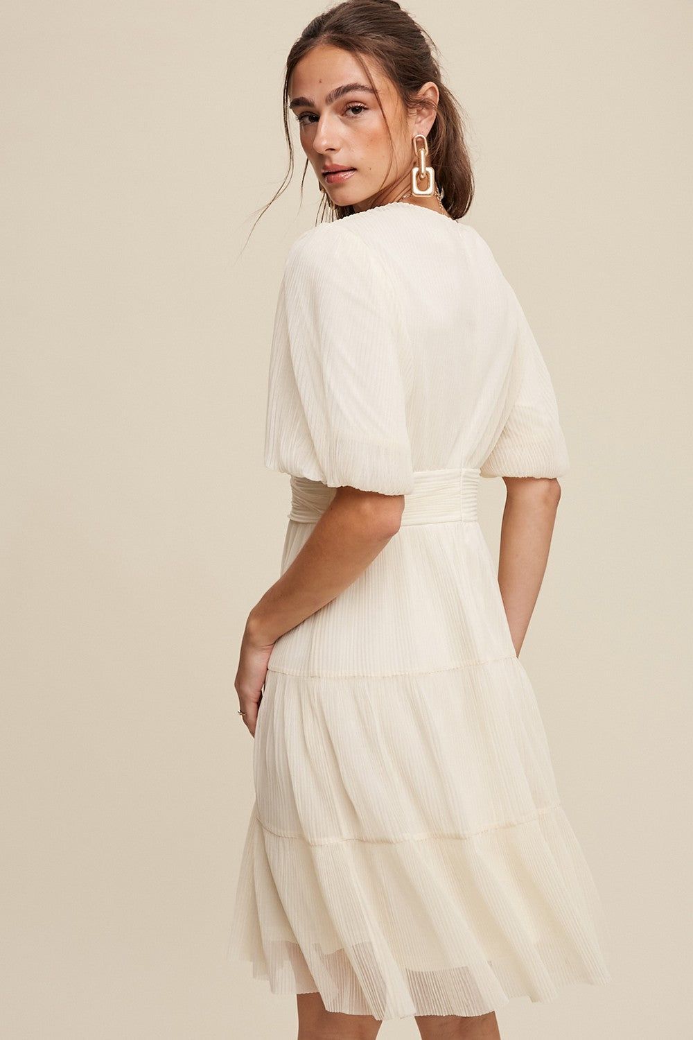 Cream V-Neck Pleated Mesh Cinched Waist Midi Dress sold by Pinkblush product image thumbnail 4