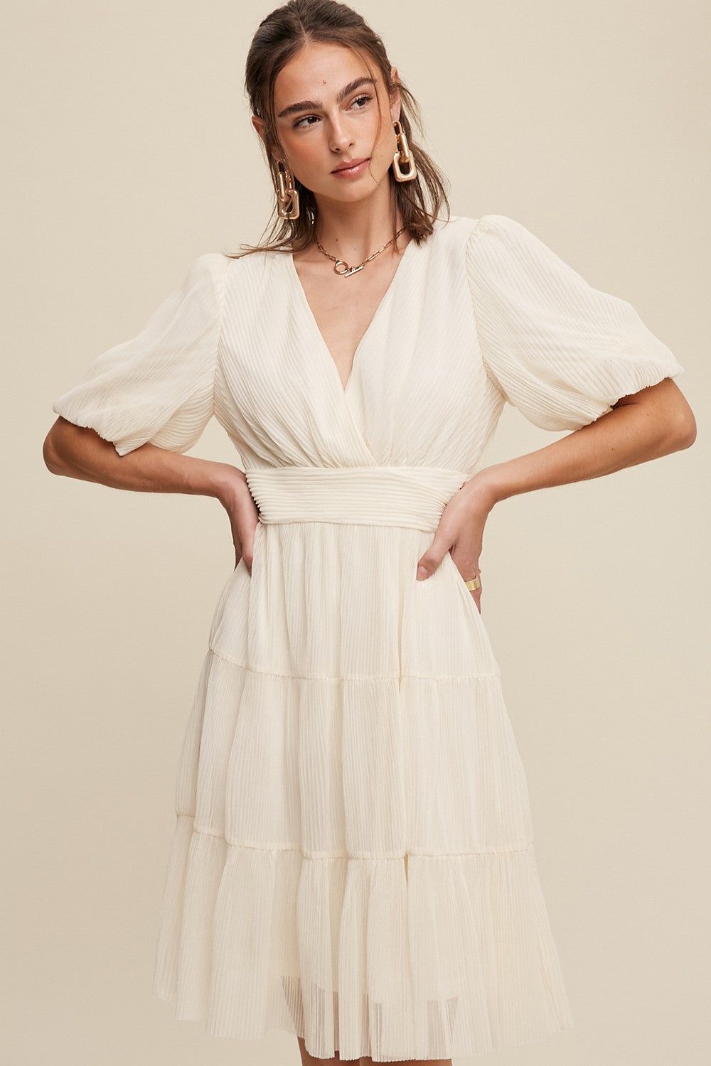 Cream V-Neck Pleated Mesh Cinched Waist Midi Dress sold by Pinkblush