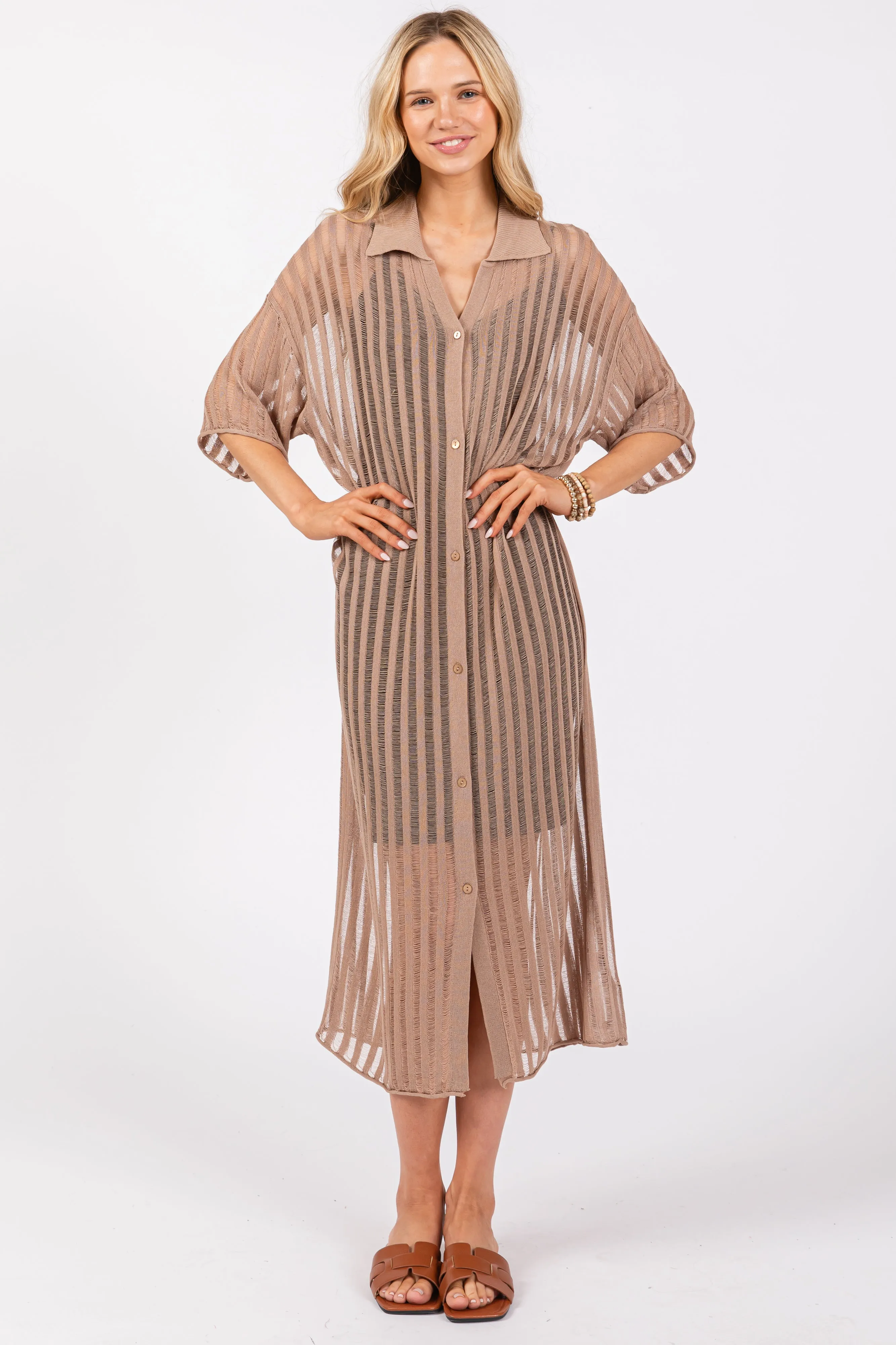 Taupe Distressed Collared Maternity Cover-Up sold by Pinkblush product image thumbnail 5