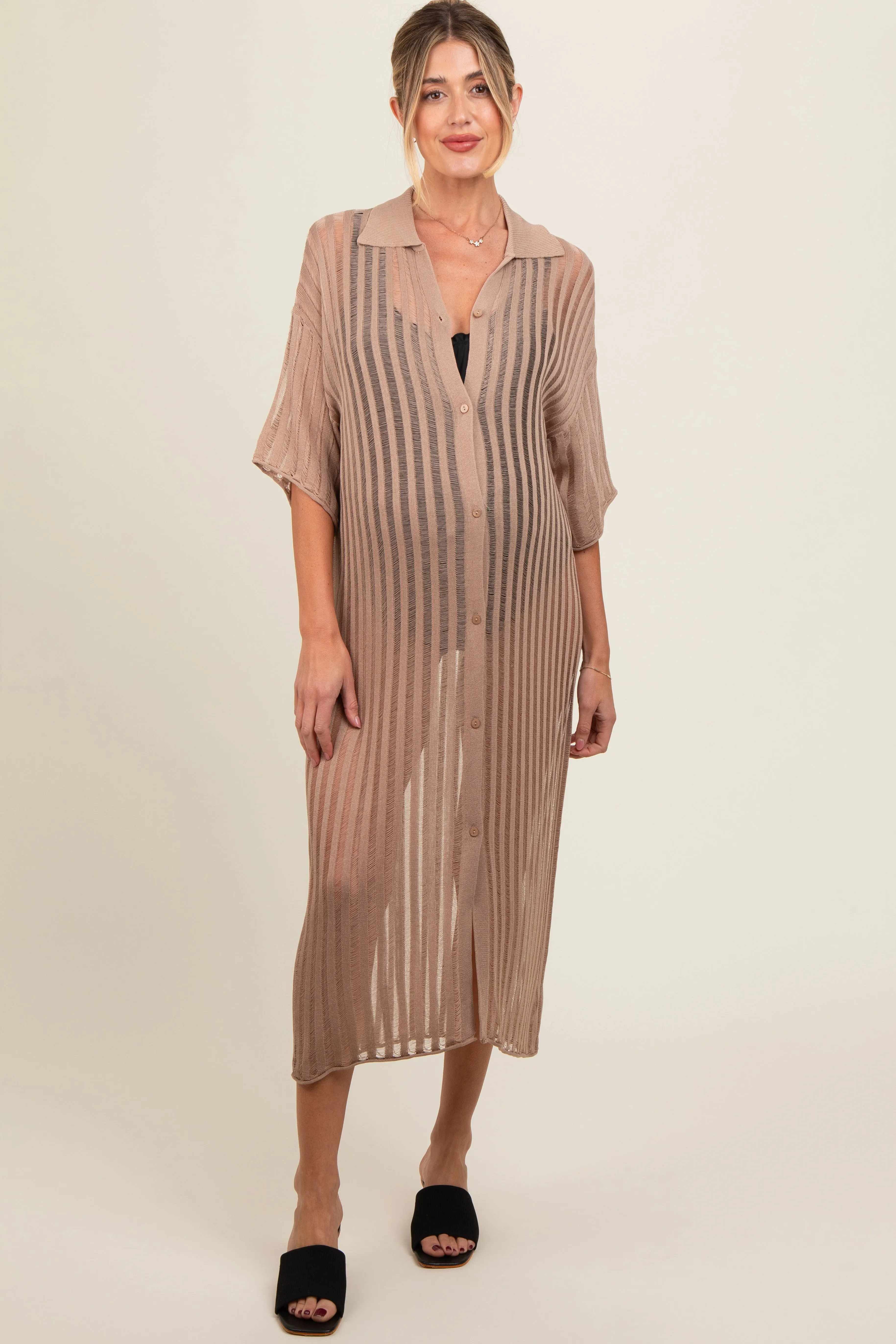 Taupe Distressed Collared Maternity Cover-Up sold by Pinkblush product image thumbnail 2
