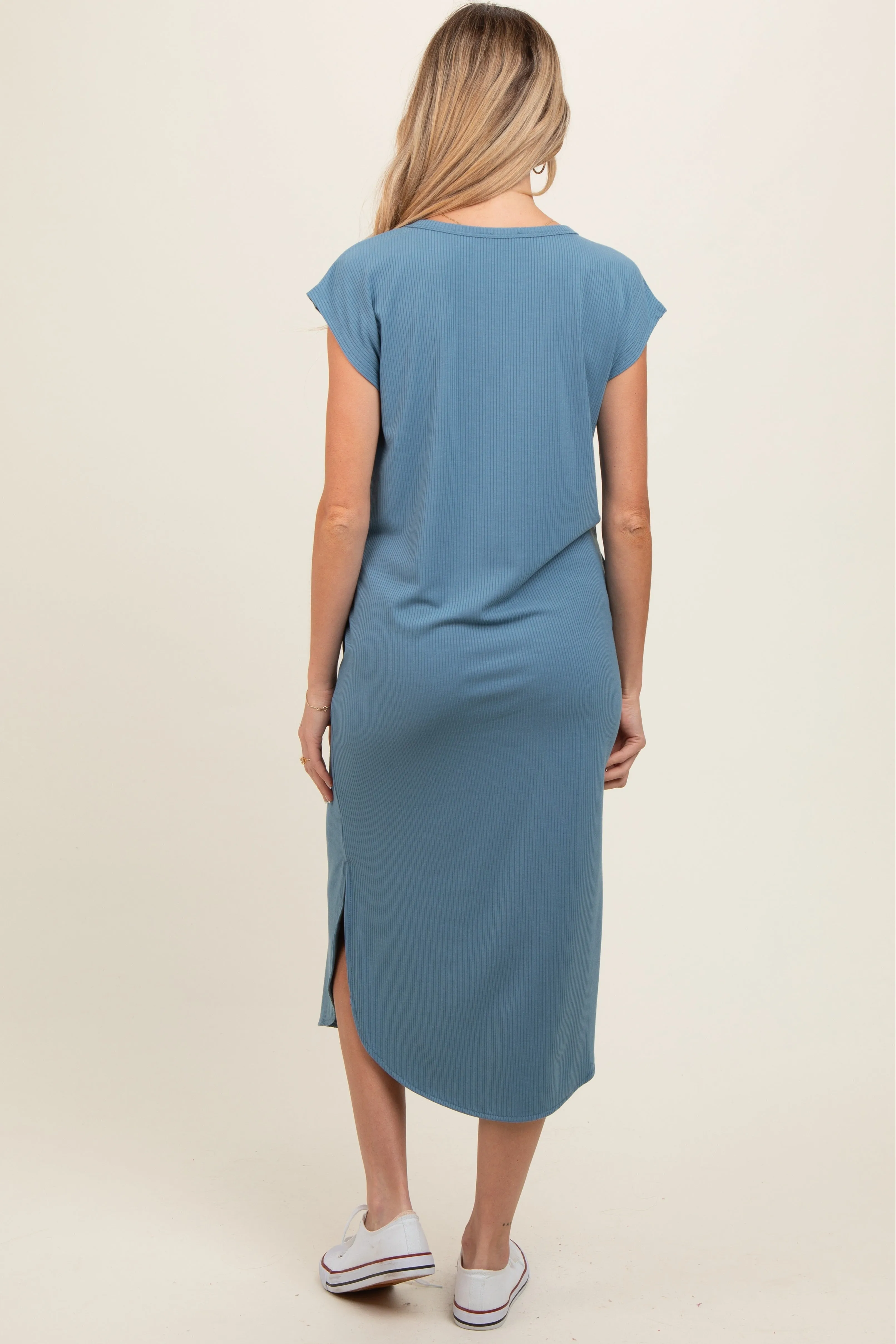 Blue Rib Knit Scoop Neck Maternity Midi Dress sold by Pinkblush product image thumbnail 2