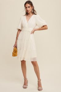 Cream V-Neck Pleated Mesh Cinched Waist Midi Dress sold by Pinkblush
