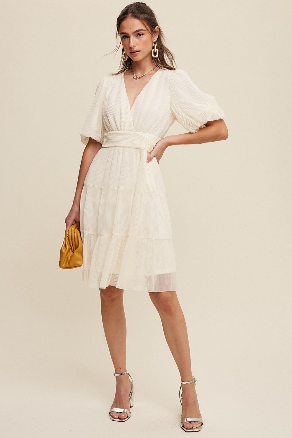 Cream V-Neck Pleated Mesh Cinched Waist Midi Dress sold by Pinkblush product image thumbnail 2