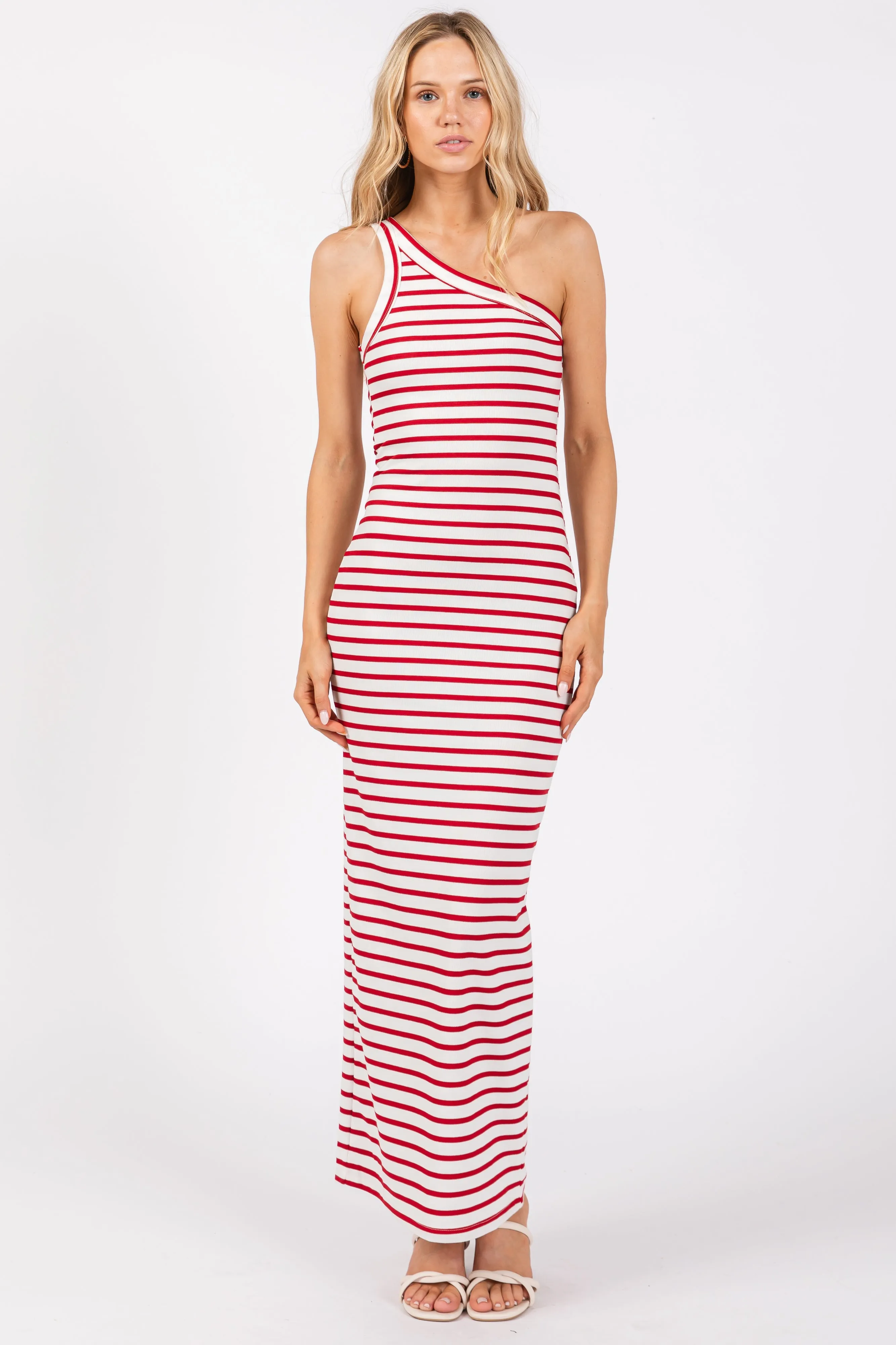 Red Striped Single Shoulder Knit Maternity Maxi Dress sold by Pinkblush product image thumbnail 3